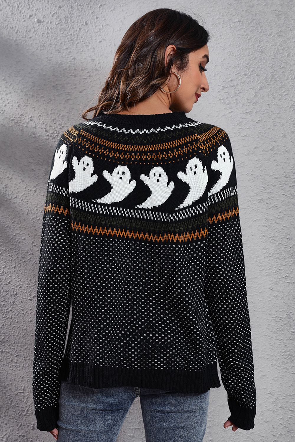 Wicked Thread Society black acrylic sweater with white ghost pattern, round neck, and long sleeves, back view