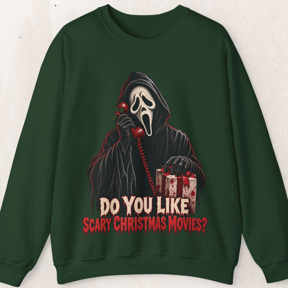 Wicked Thread Society dark green crewneck sweatshirt featuring a Ghostface horror Christmas graphic print.