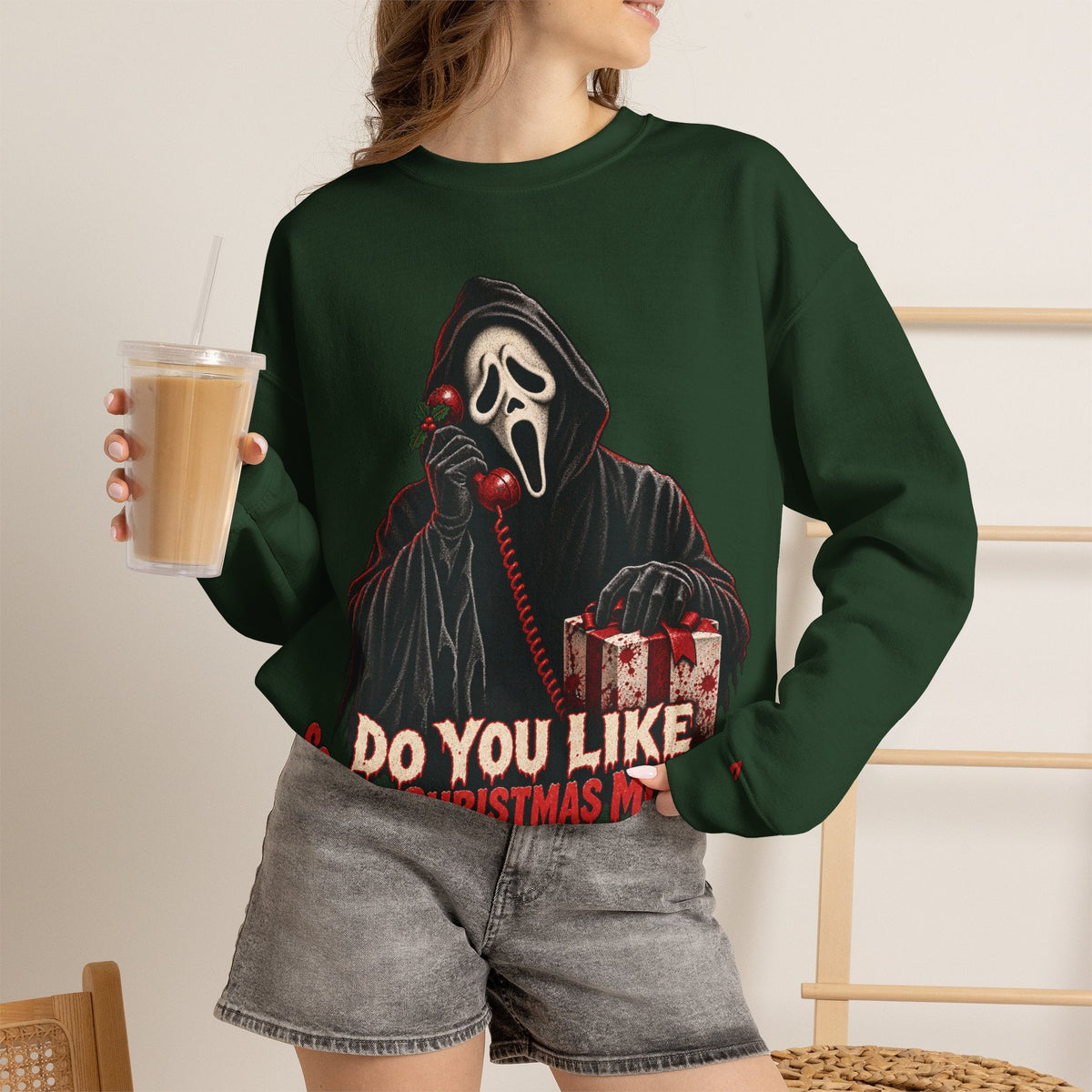 Wicked Thread Society dark green crewneck sweatshirt featuring a Ghostface horror Christmas graphic and red phone.