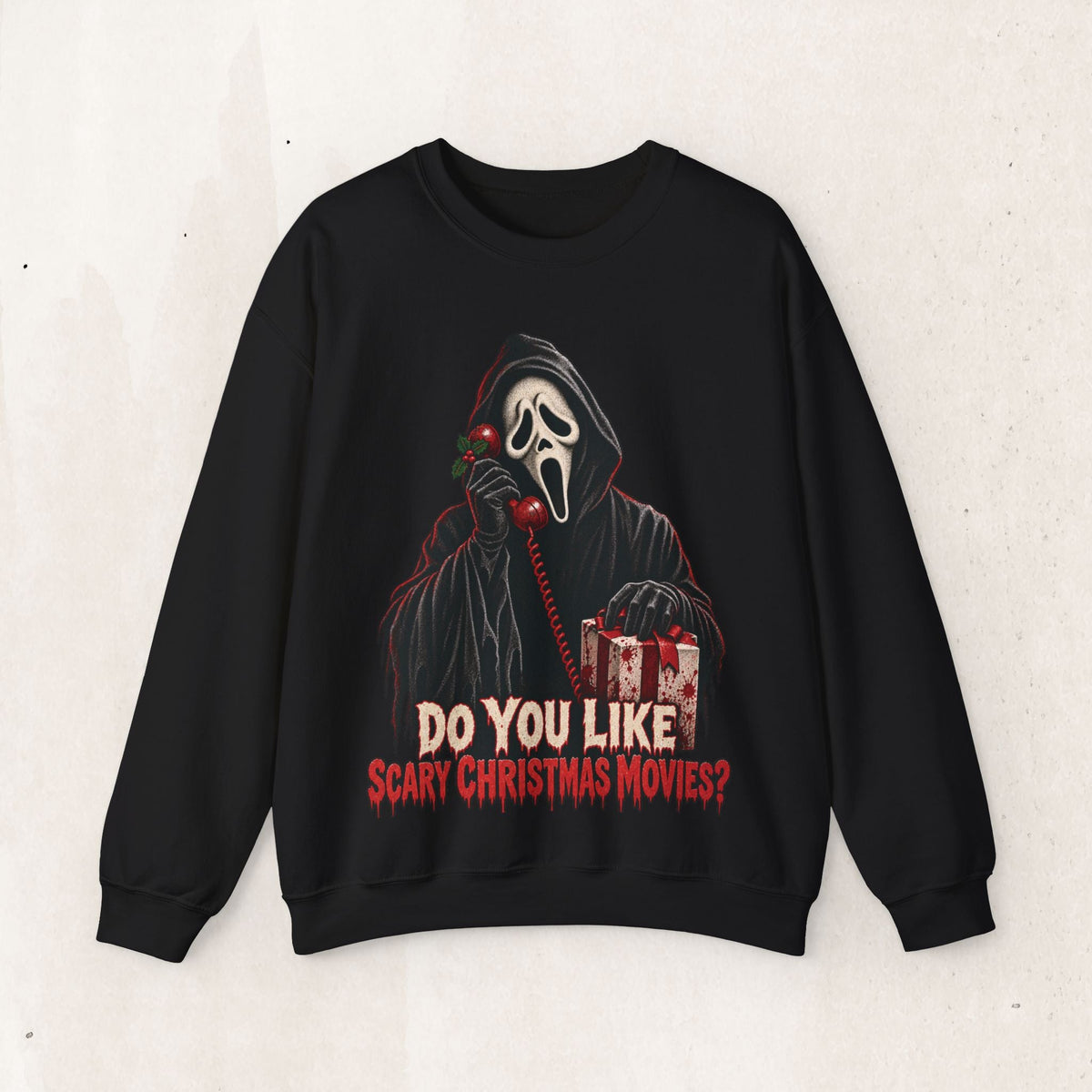 Wicked Thread Society black crewneck sweatshirt featuring a Ghostface horror Christmas graphic with a red phone.