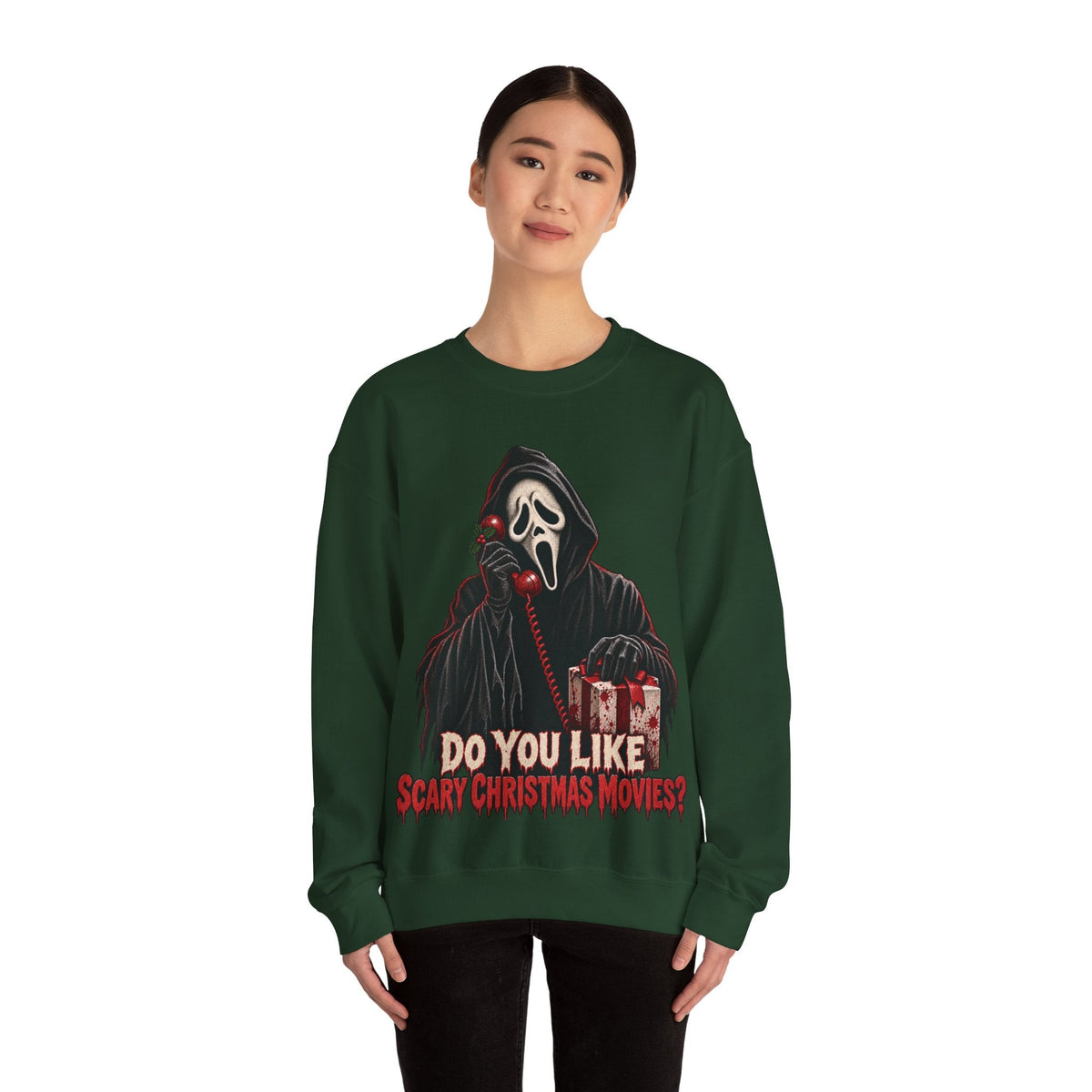 Wicked Thread Society dark green crewneck sweatshirt featuring a Ghostface horror movie Christmas graphic.