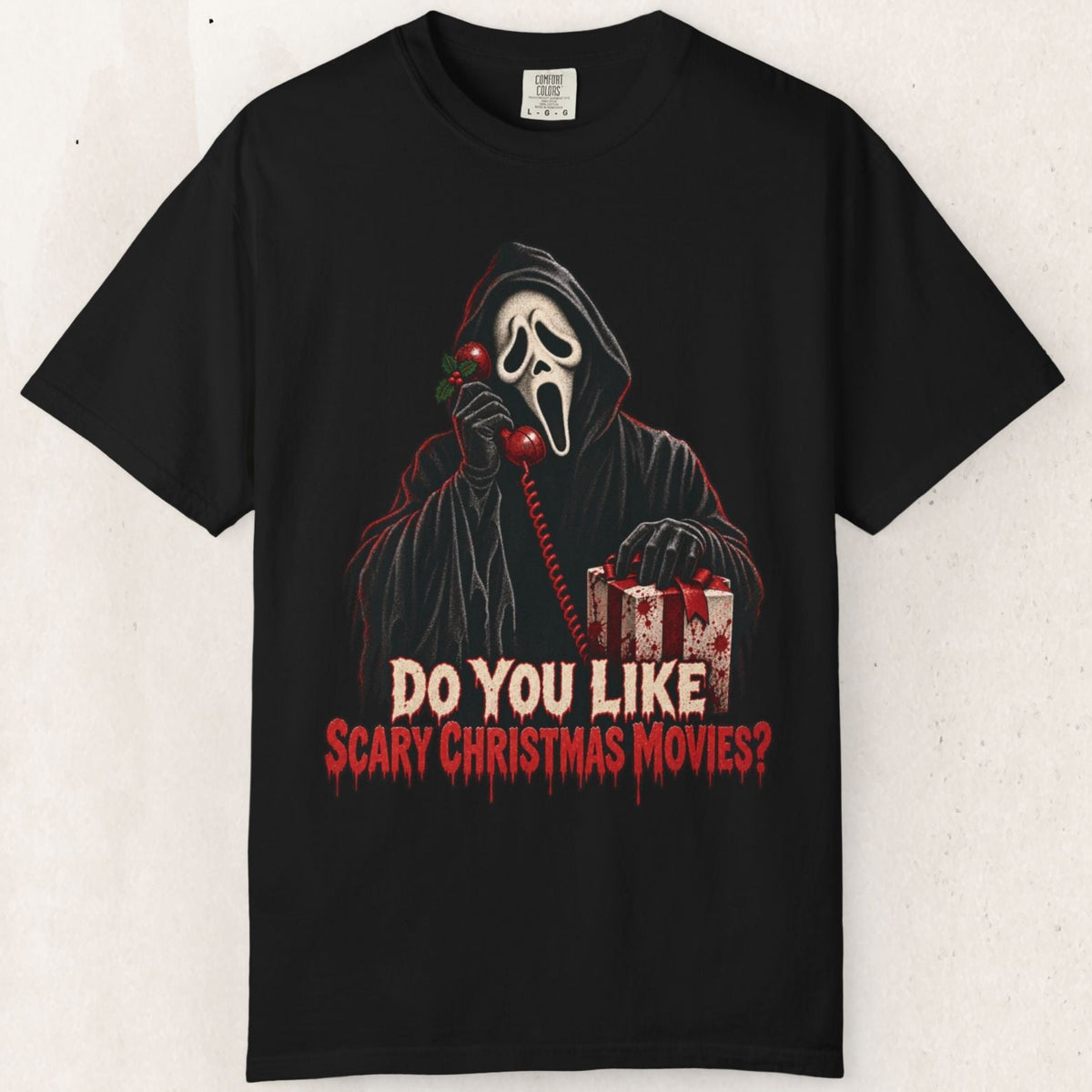 Wicked Thread Society black cotton t-shirt featuring a Ghostface horror Christmas graphic with red text.