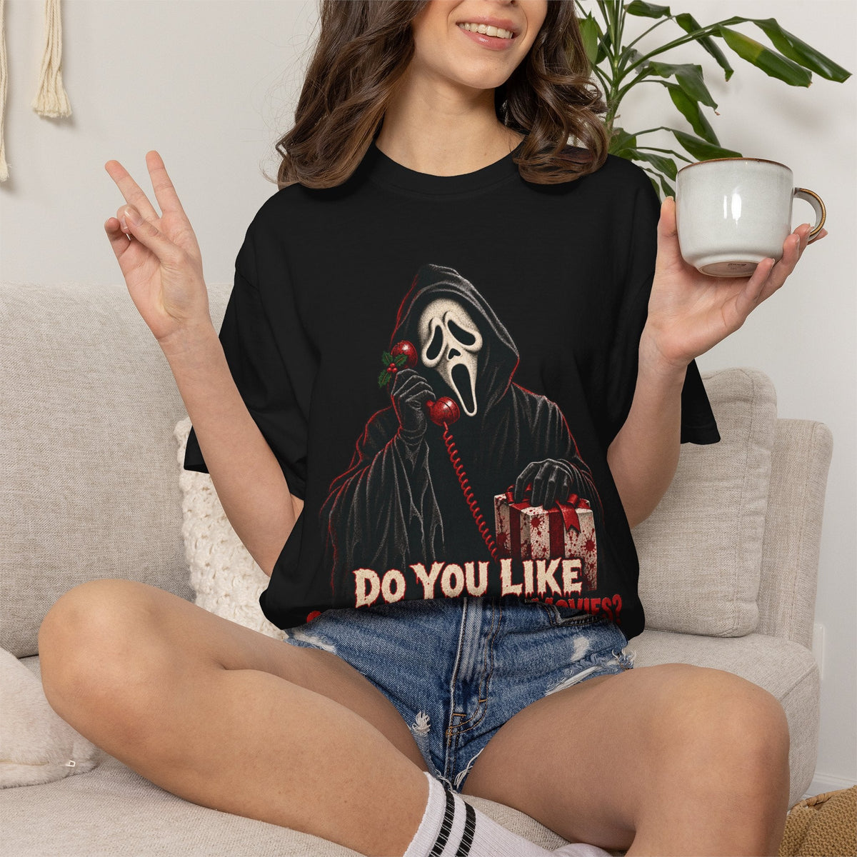 Wicked Thread Society black cotton t-shirt featuring a Ghostface horror Christmas graphic and relaxed fit.