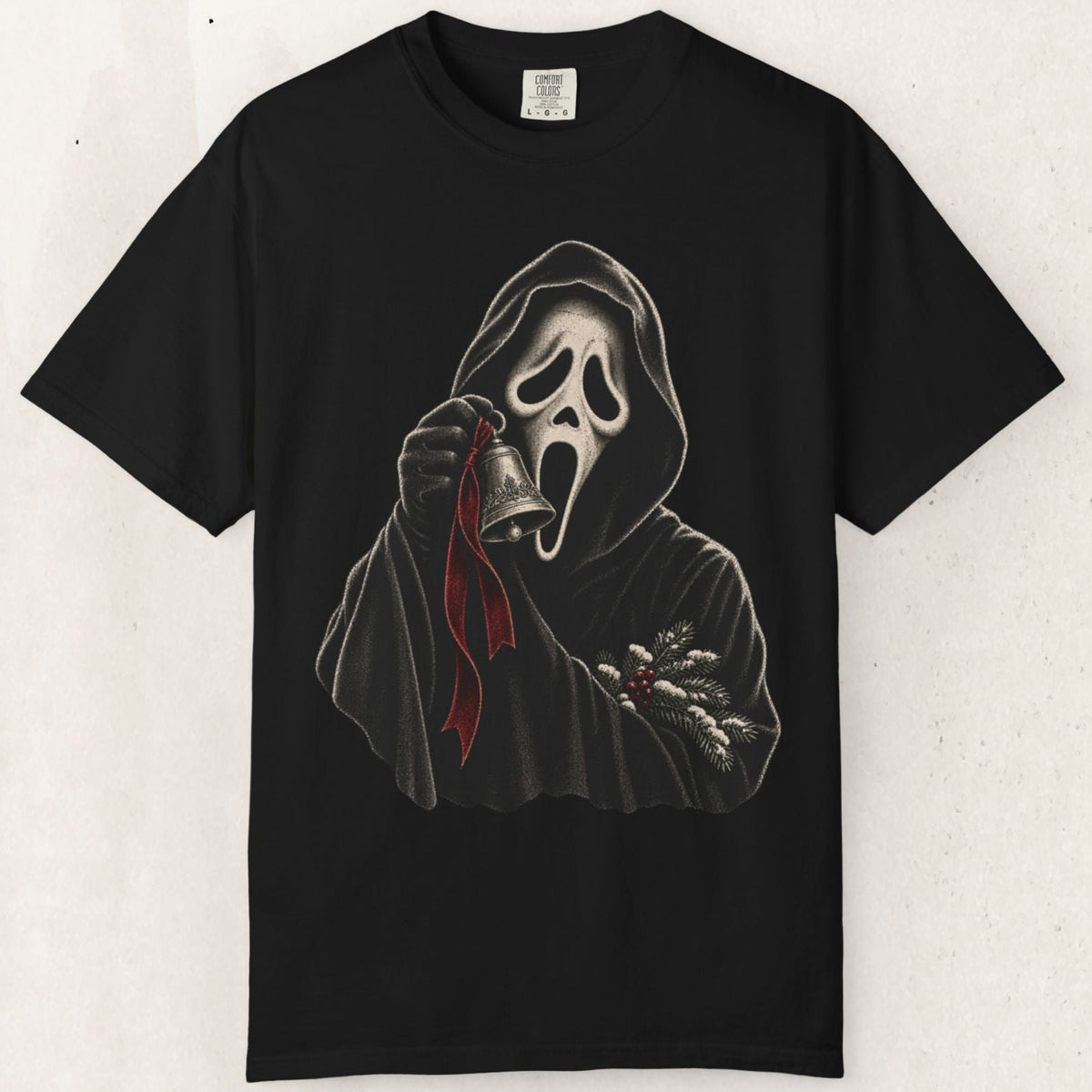 Wicked Thread Society black heavyweight cotton t-shirt featuring a Ghostface graphic with a Christmas bell and ribbon.