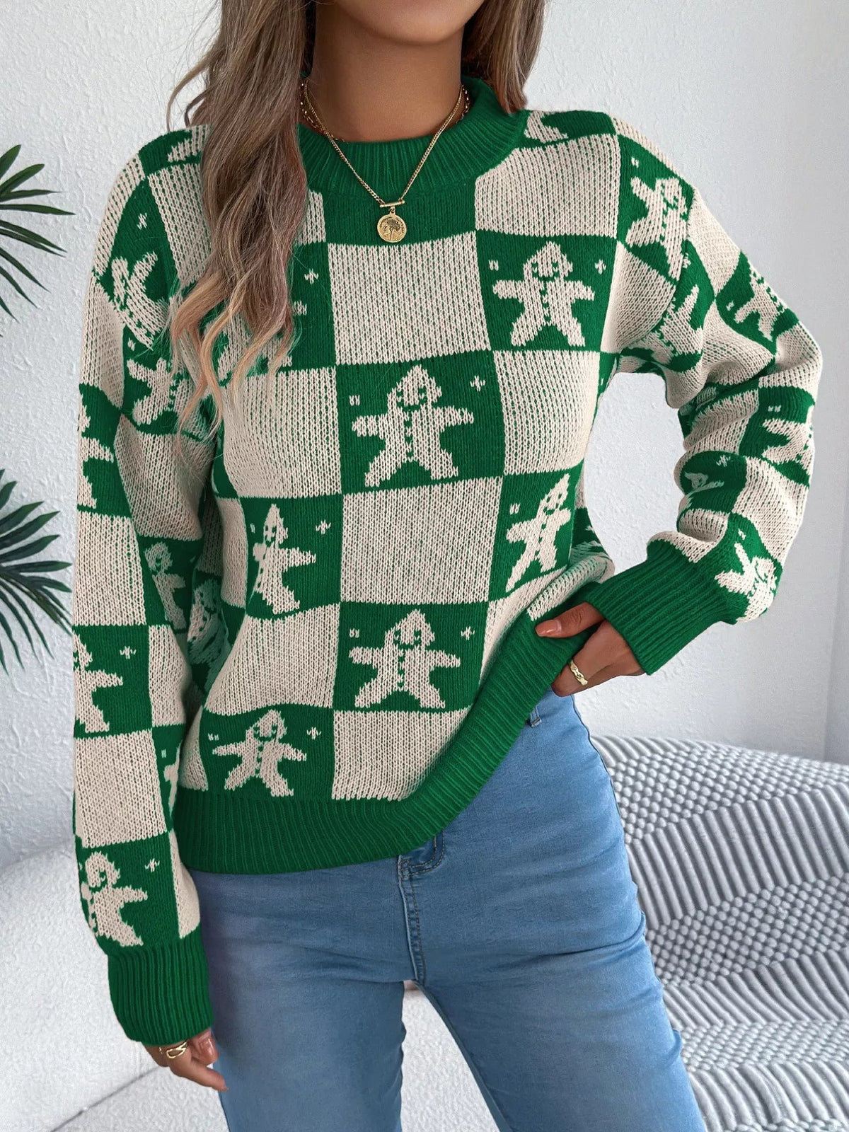 Wicked Thread Society green and cream checkerboard sweater featuring a festive gingerbread man pattern