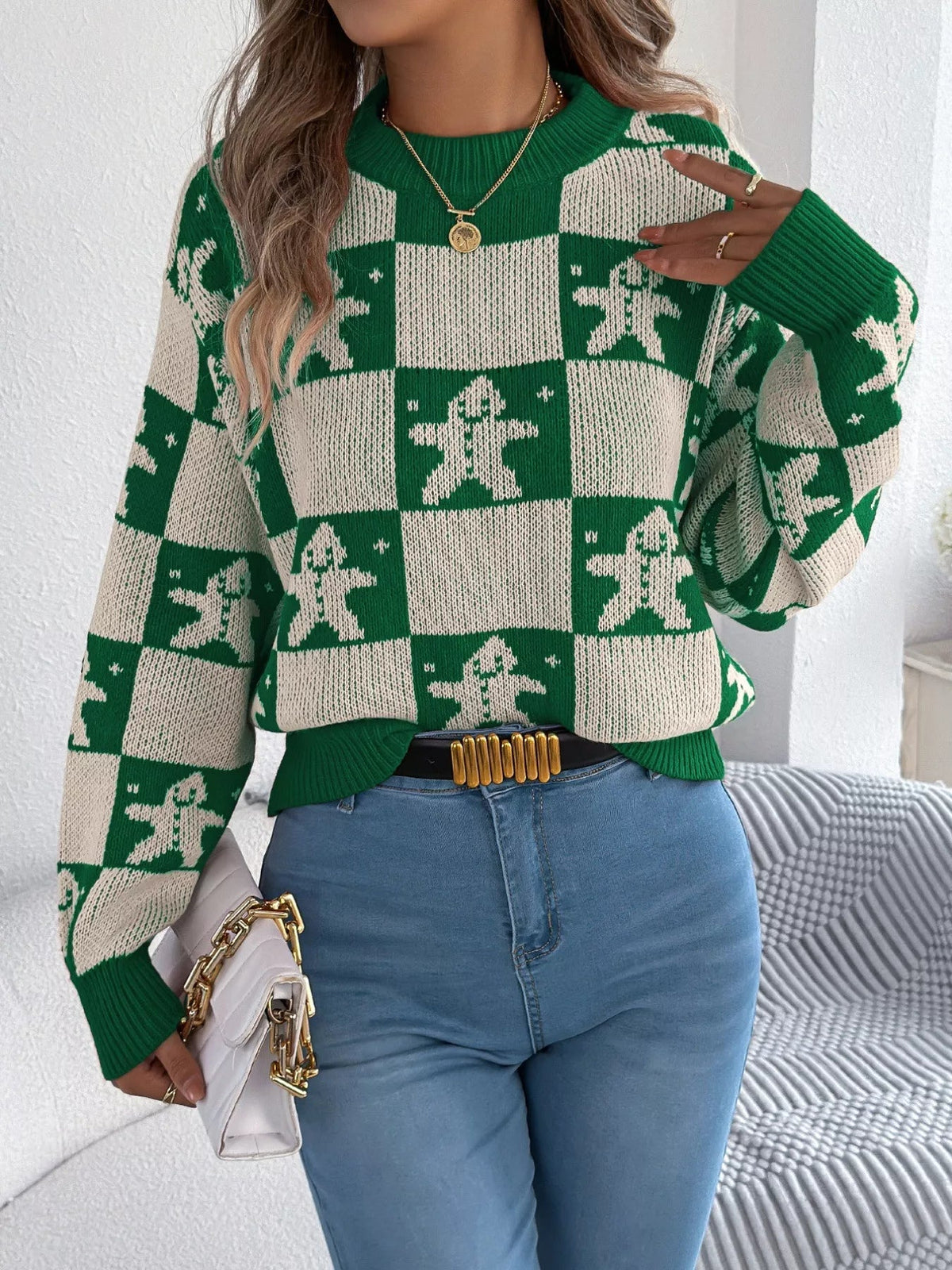 Wicked Thread Society green and white checkerboard gingerbread man print acrylic round neck sweater