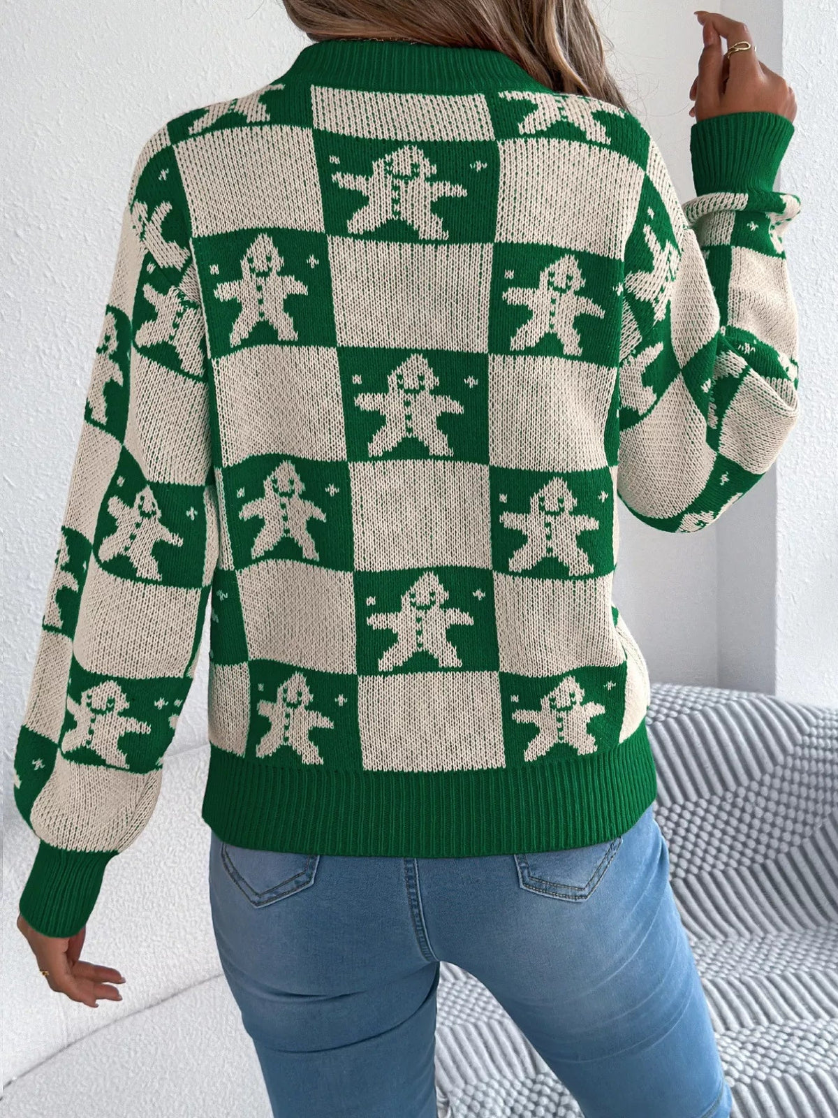 Wicked Thread Society green and cream checkerboard round neck sweater featuring a festive gingerbread man pattern.
