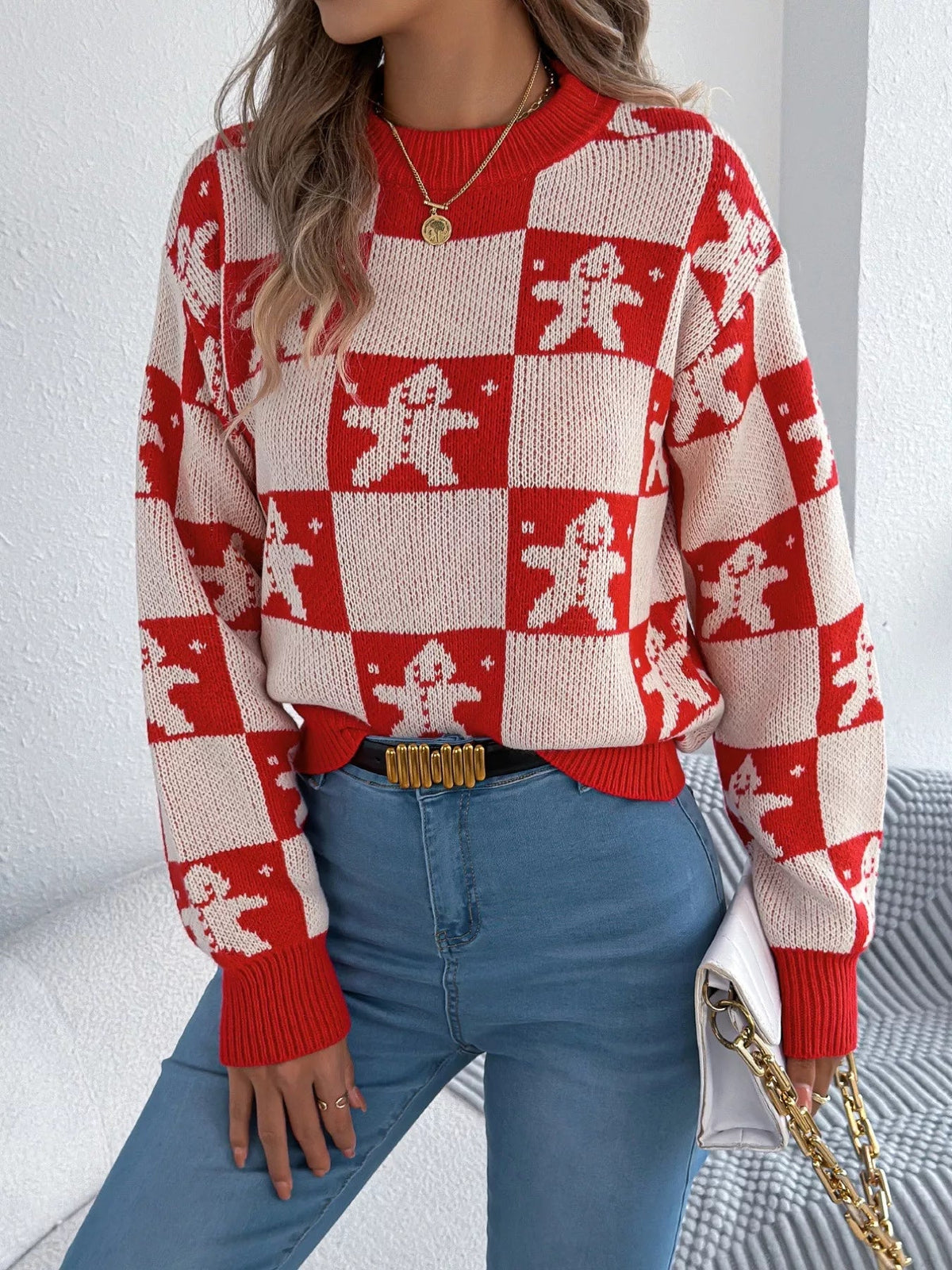 Wicked Thread Society red and white checkerboard Christmas sweater with gingerbread man pattern and round neck
