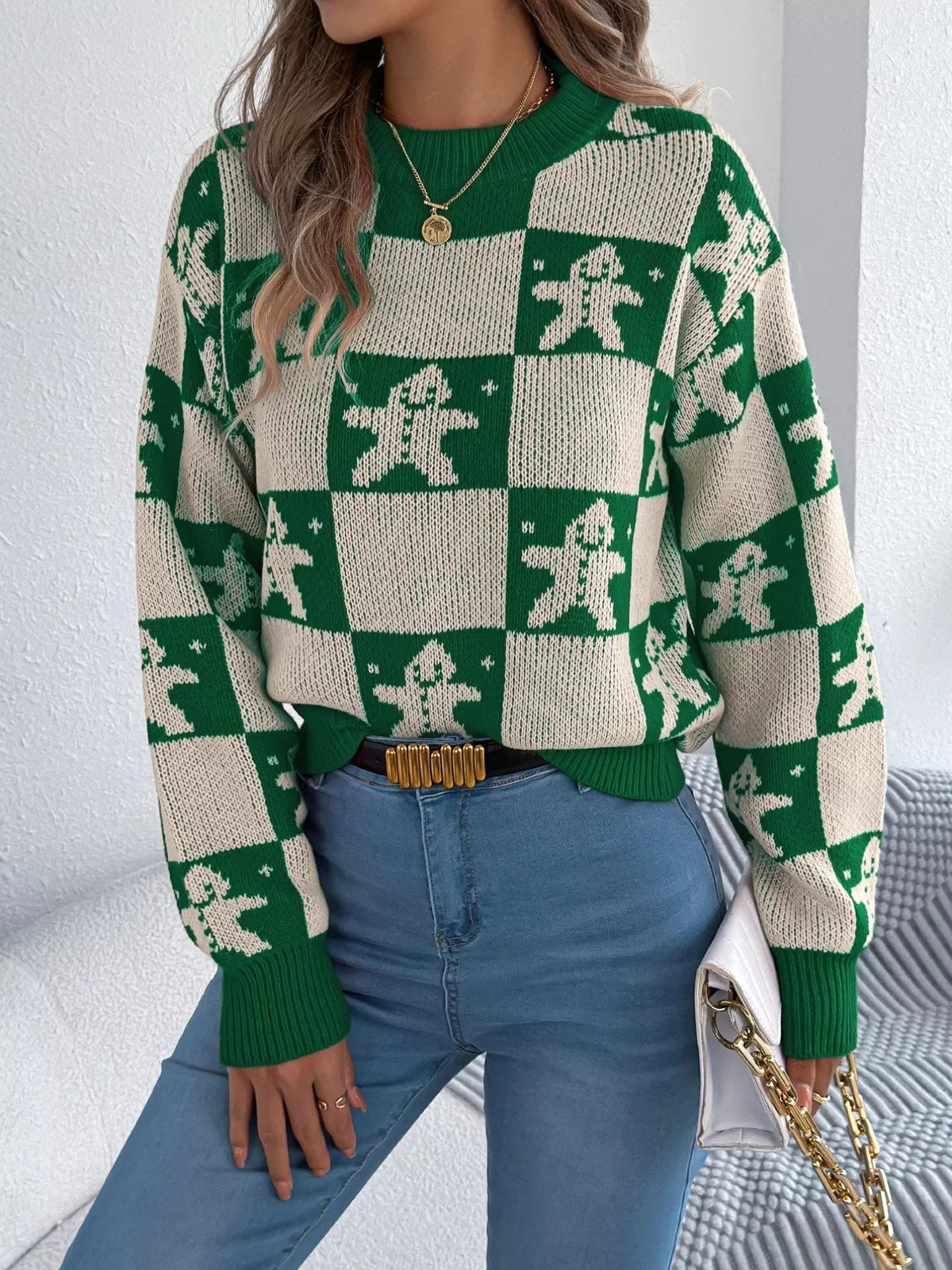 Wicked Thread Society green and cream checkerboard gingerbread man print acrylic round neck sweater