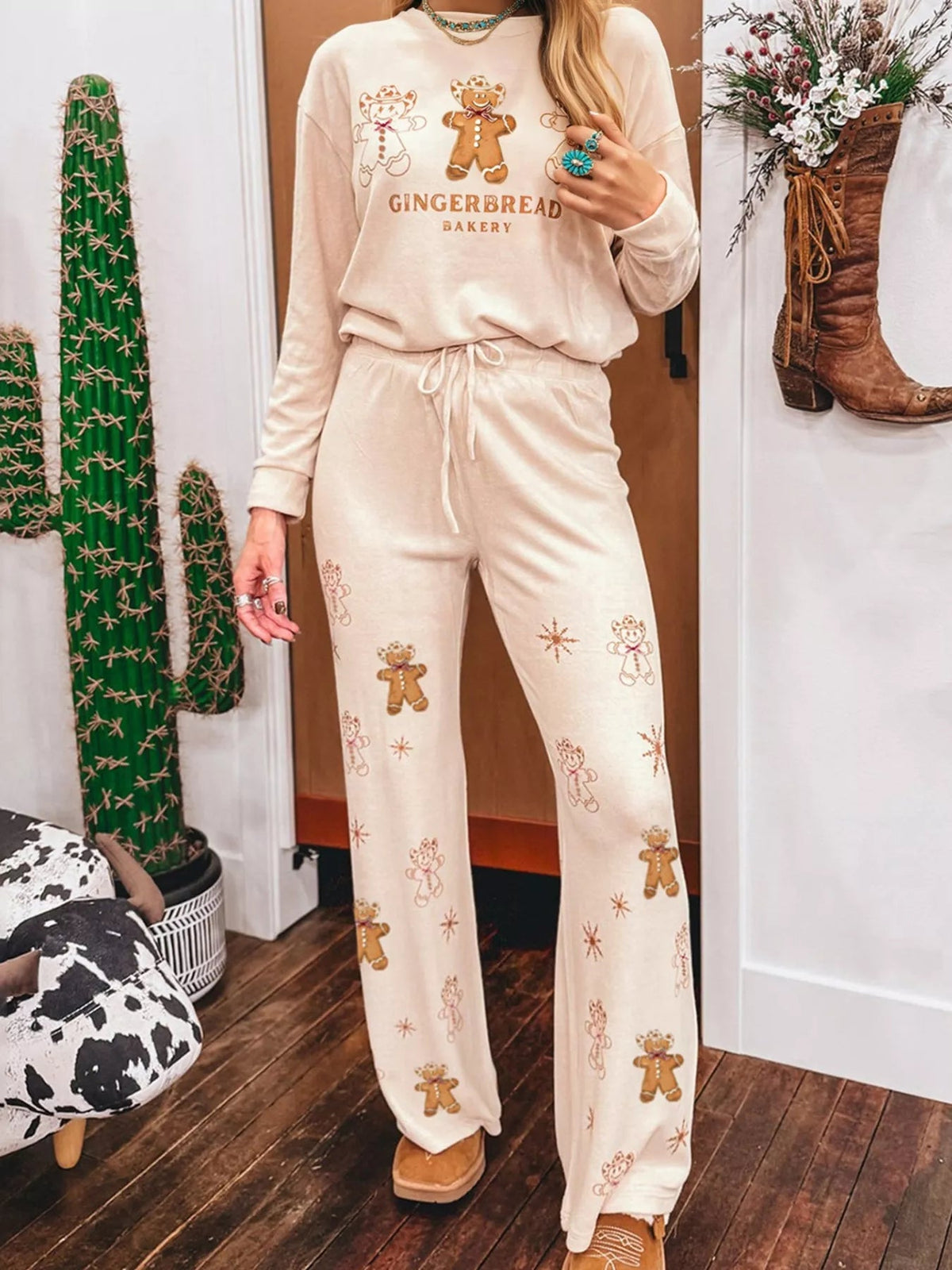 Wicked Thread Society beige long sleeve lounge set with gingerbread man print and drawstring waist pants