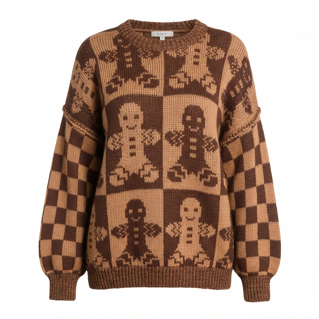Wicked Thread Society brown gingerbread man pattern sweater with a round neck and drop shoulder design.