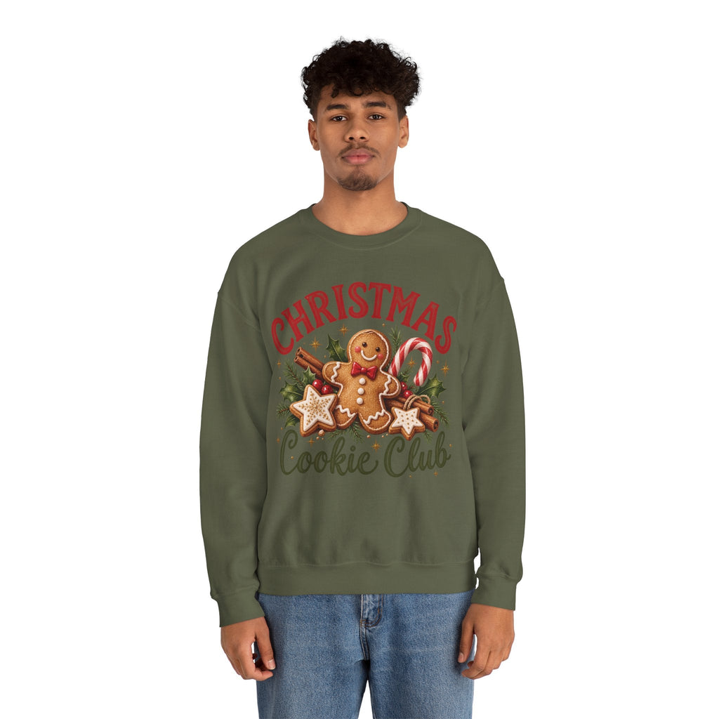 Wicked Thread Society olive green crewneck sweatshirt featuring a gingerbread man, candy cane, and holiday graphic.