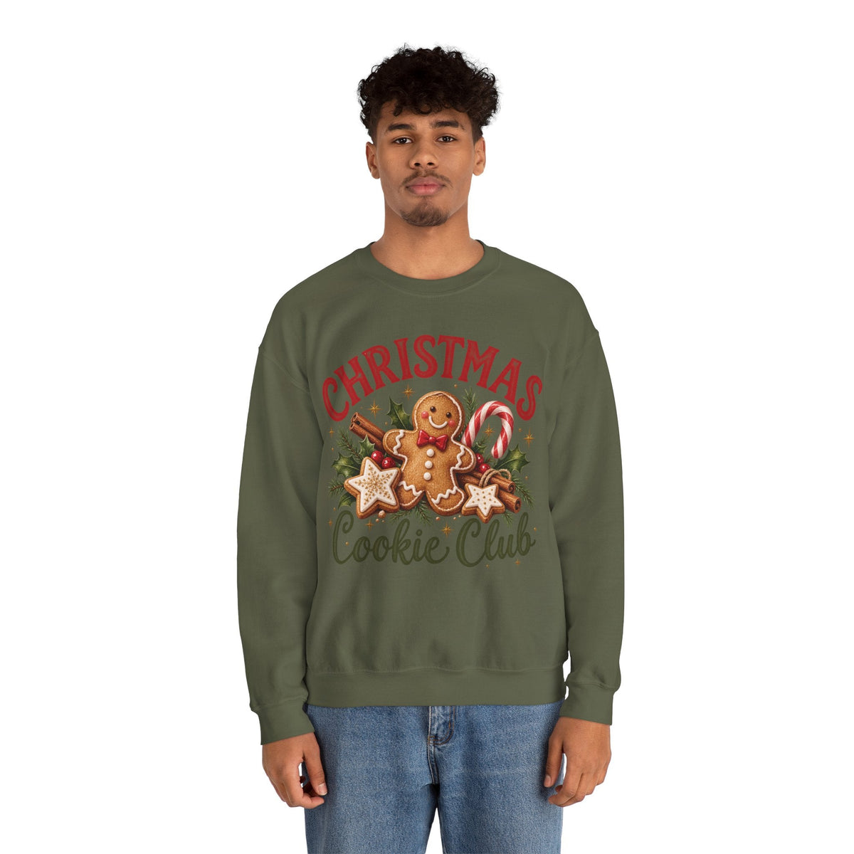 Wicked Thread Society olive green crewneck sweatshirt featuring a gingerbread man, candy cane, and holiday graphic.