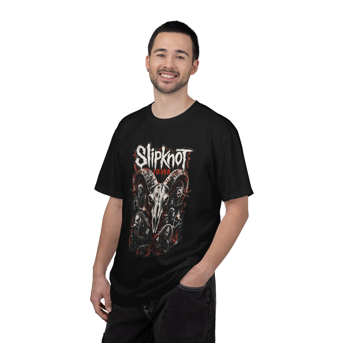 Wicked Thread Society black heavyweight cotton t-shirt featuring a graphic goat skull print on a smiling male model.