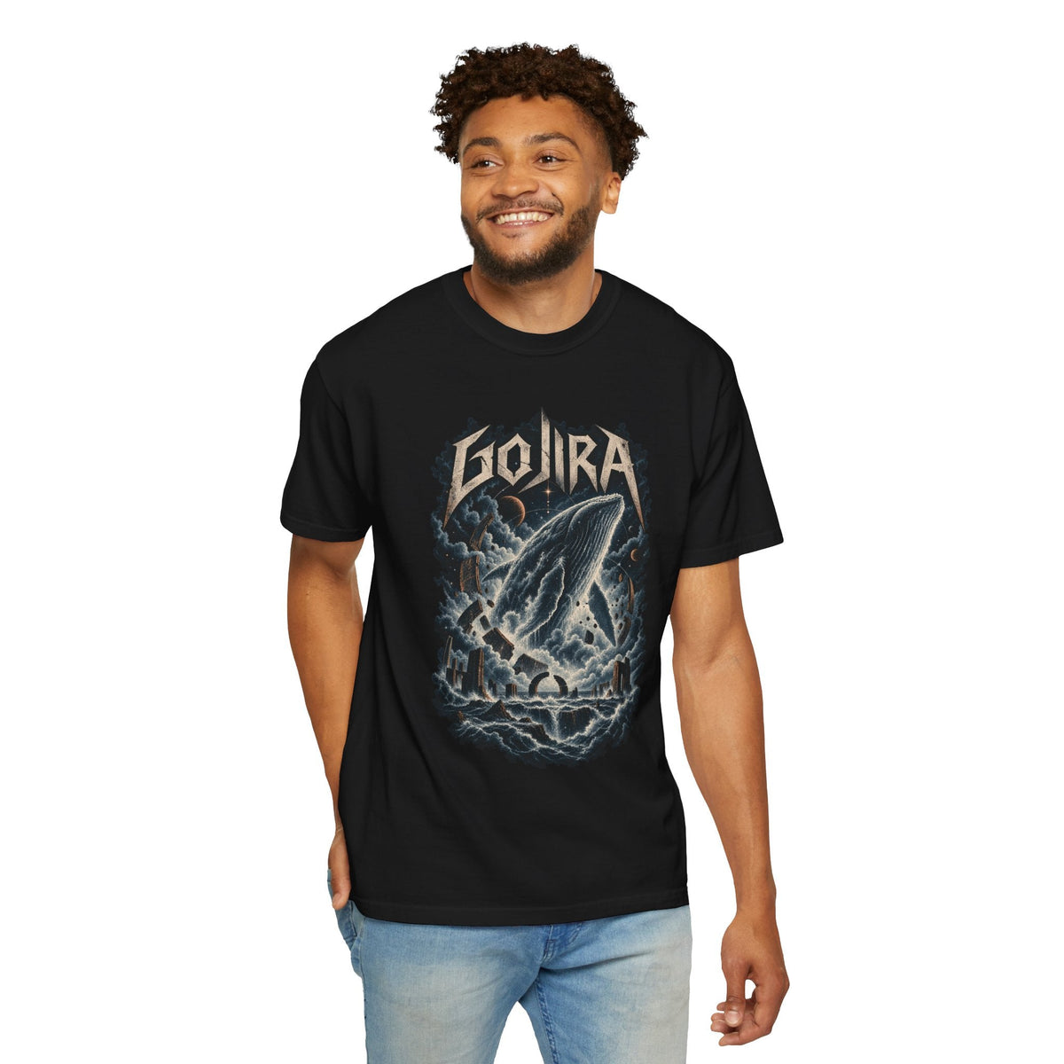 Wicked Thread Society black heavyweight cotton T-shirt featuring a Gojira lightning whale graphic on a smiling man.
