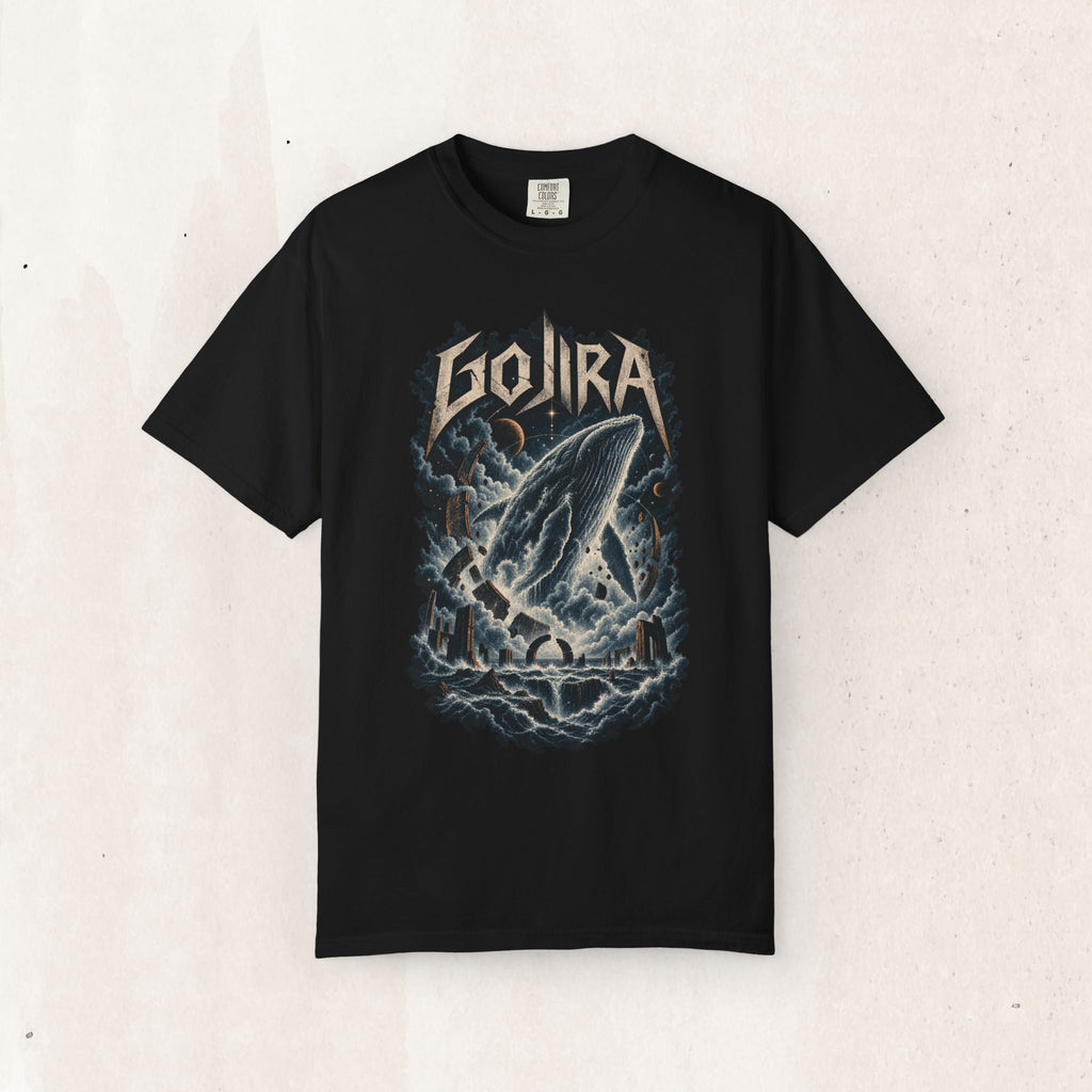 Wicked Thread Society black heavyweight cotton T-shirt featuring a Gojira graphic of a breaching whale in stormy seas.