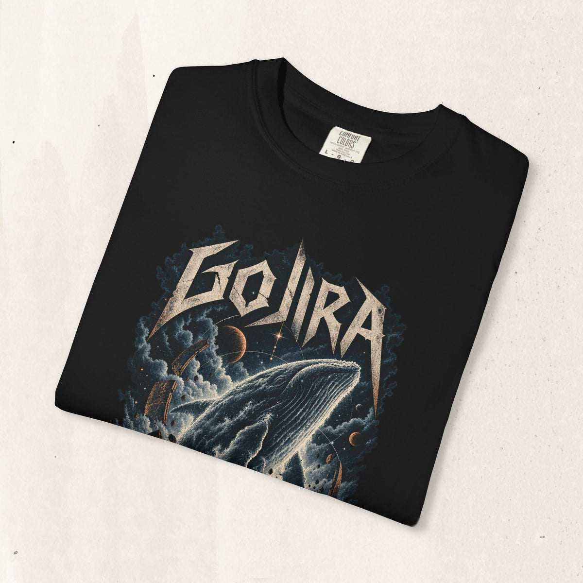 Wicked Thread Society black heavyweight cotton t-shirt featuring a Gojira lightning whale graphic print.