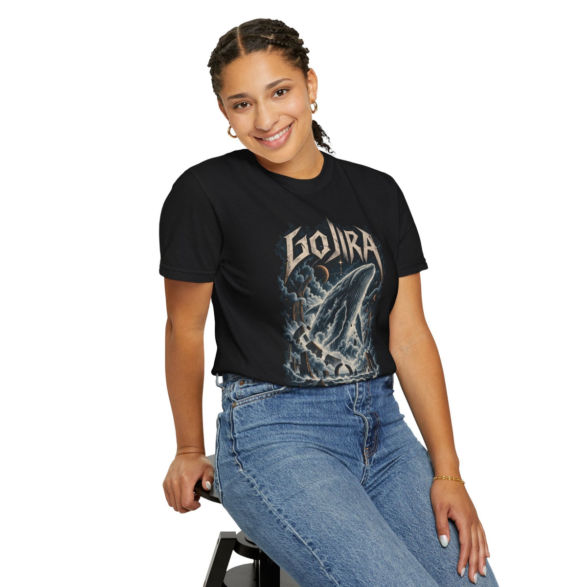 Wicked Thread Society black heavyweight cotton T-shirt featuring a Gojira lightning whale graphic, worn by a woman.