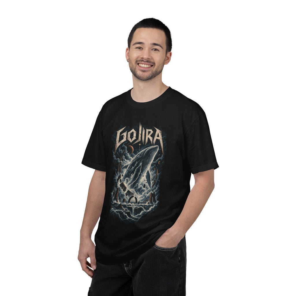 Wicked Thread Society black heavyweight cotton T-shirt featuring a Gojira lightning whale graphic on a smiling man.