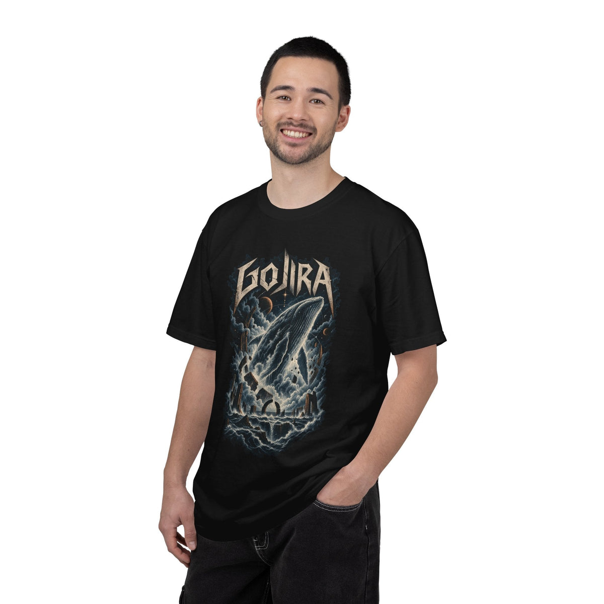 Wicked Thread Society black heavyweight cotton T-shirt featuring a Gojira lightning whale graphic on a smiling man.