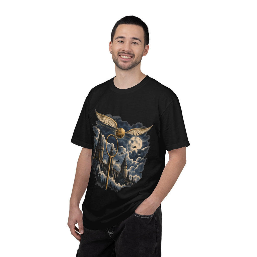 Wicked Thread Society black t-shirt featuring a Golden Snitch, Quidditch hoop, and castle graphic worn by a man