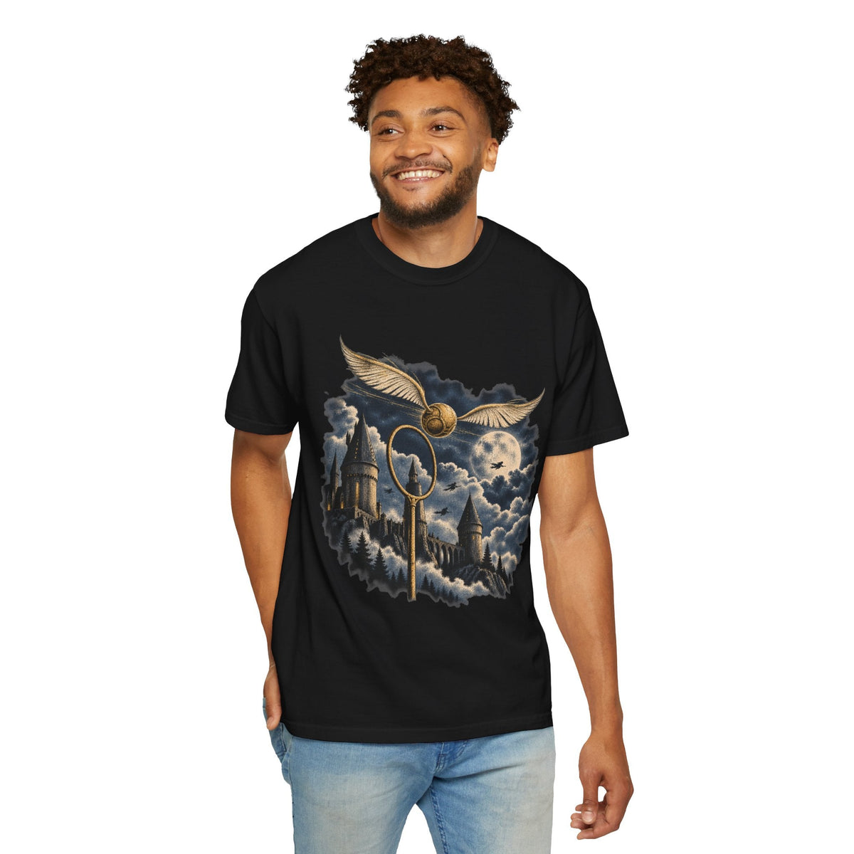 Wicked Thread Society black t-shirt featuring a Golden Snitch, Quidditch hoop, and castle graphic on a smiling man.