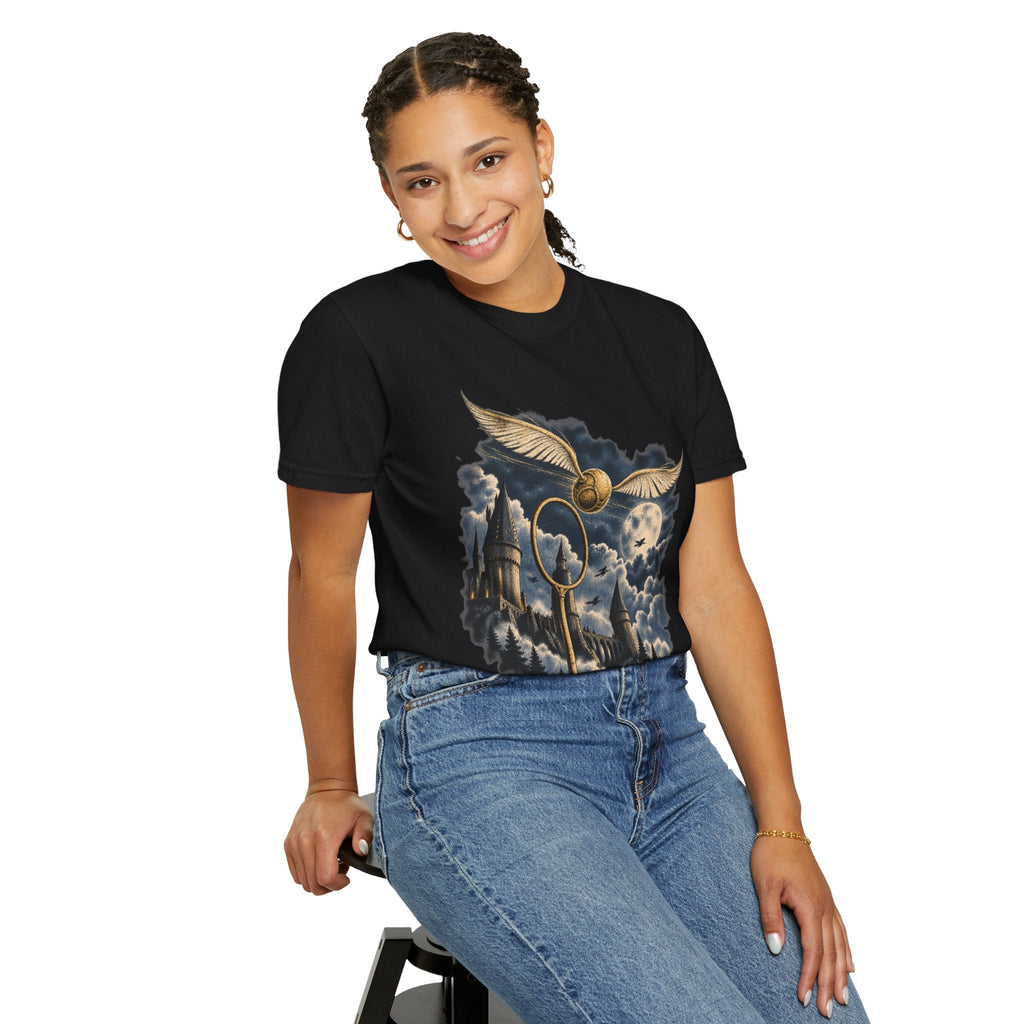 Wicked Thread Society black t-shirt featuring a Golden Snitch and castle graphic worn by a smiling woman in jeans.