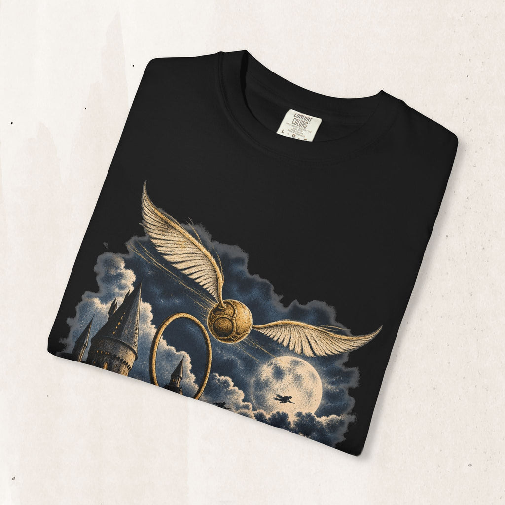 Wicked Thread Society black t-shirt featuring a Golden Snitch, castle, and full moon graphic print