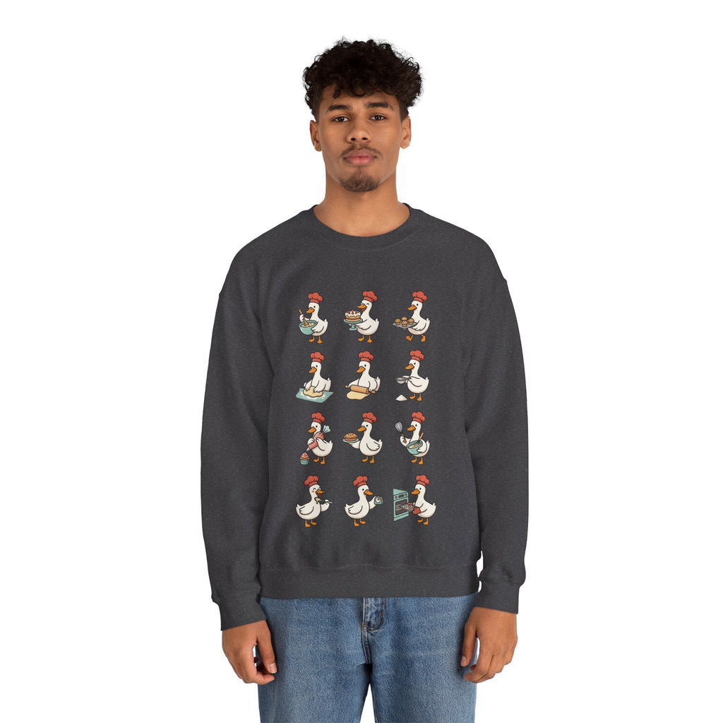 Wicked Thread Society charcoal grey crewneck sweatshirt featuring a whimsical print of geese baking for Thanksgiving.