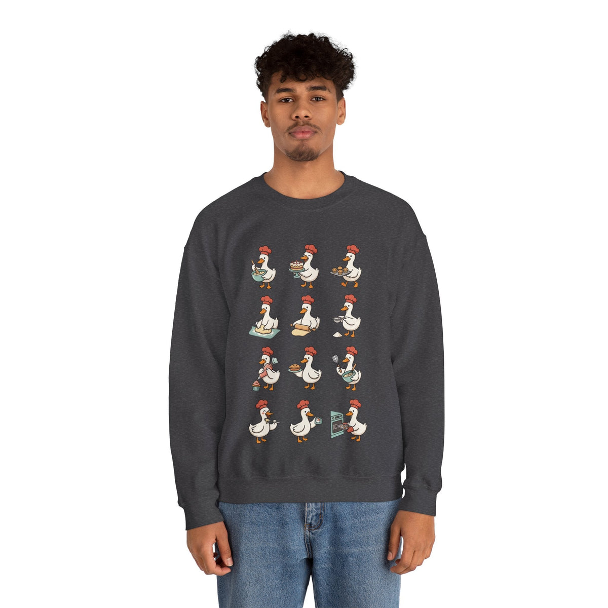 Wicked Thread Society charcoal grey crewneck sweatshirt featuring a whimsical print of geese baking for Thanksgiving.