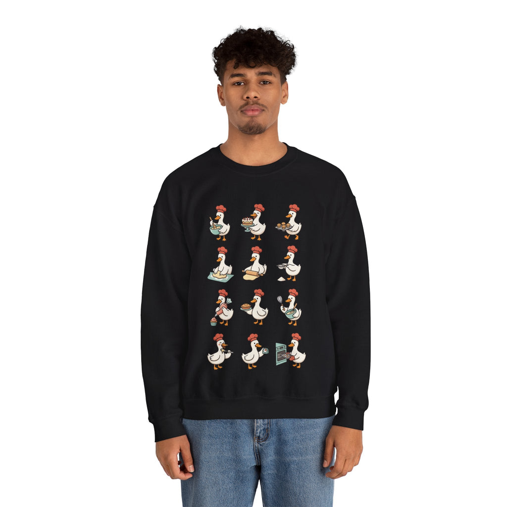 Wicked Thread Society black crewneck sweatshirt featuring a whimsical print of geese dressed as chefs baking.