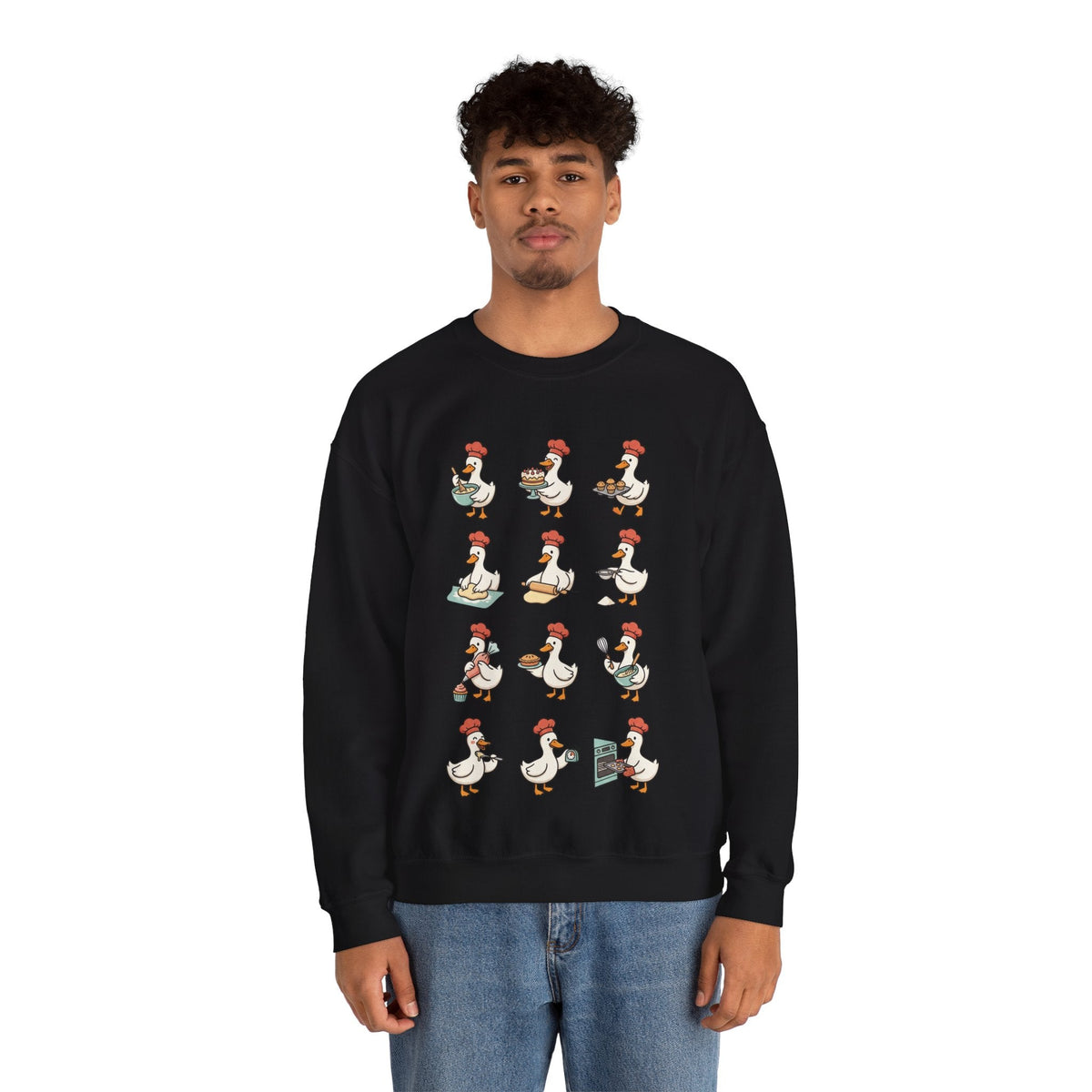 Wicked Thread Society black crewneck sweatshirt featuring a whimsical print of geese dressed as chefs baking.