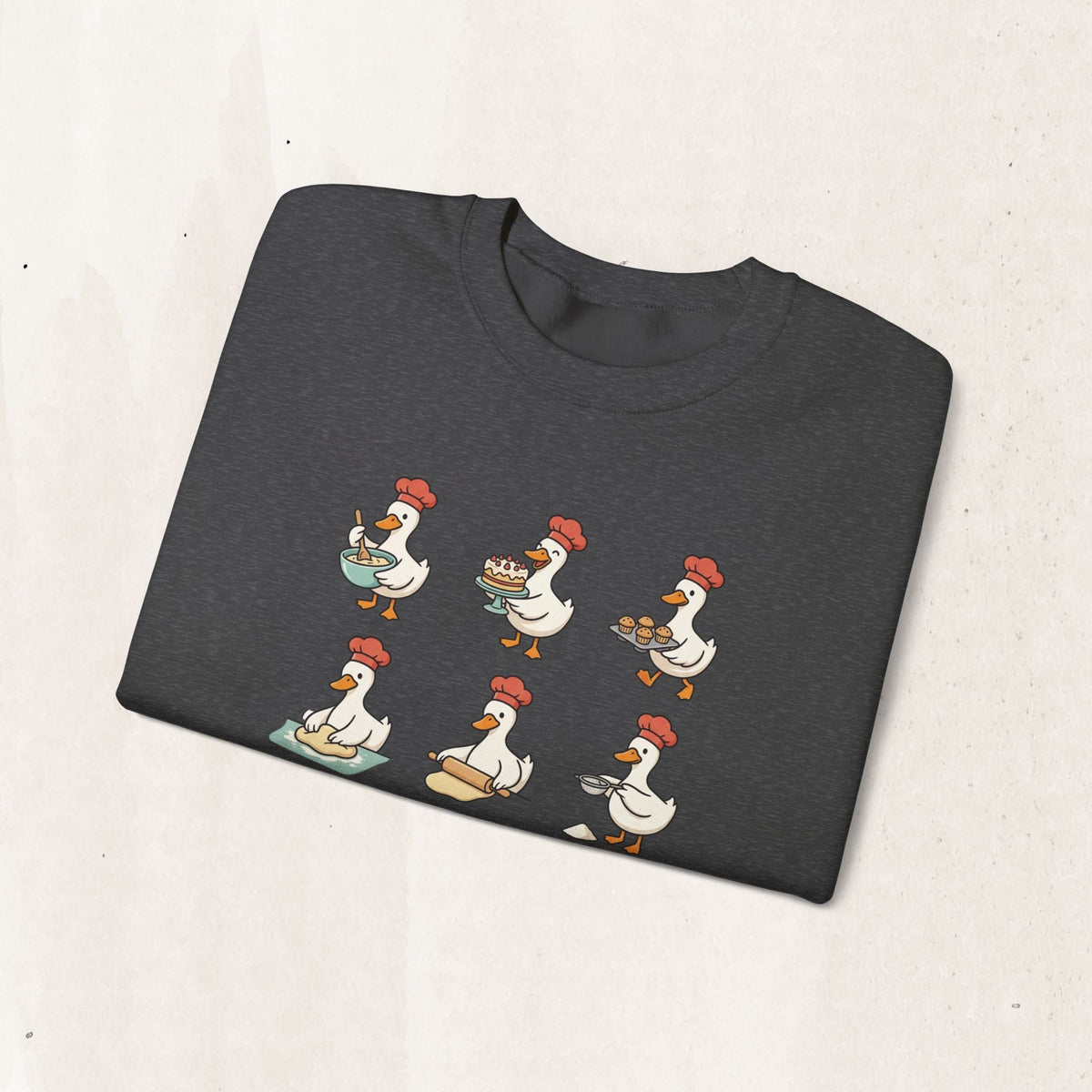 Wicked Thread Society charcoal crewneck sweatshirt featuring a whimsical print of geese baking for Thanksgiving.