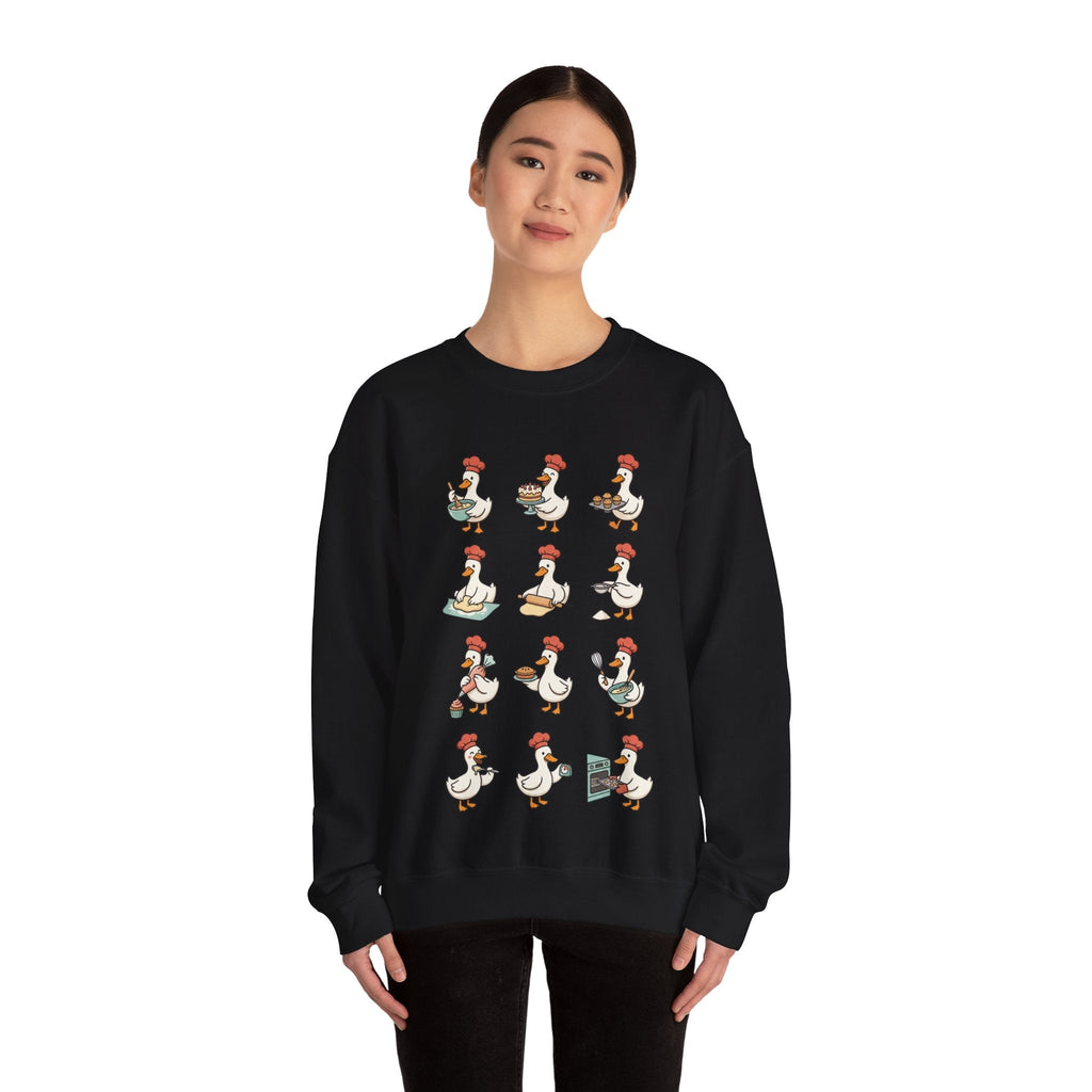 Wicked Thread Society black crewneck sweatshirt featuring a whimsical print of geese dressed as chefs baking.