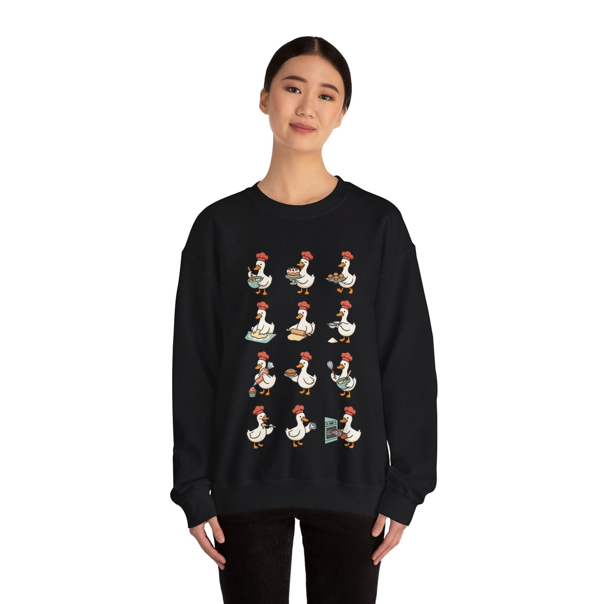 Wicked Thread Society black crewneck sweatshirt featuring a whimsical print of geese dressed as chefs baking.