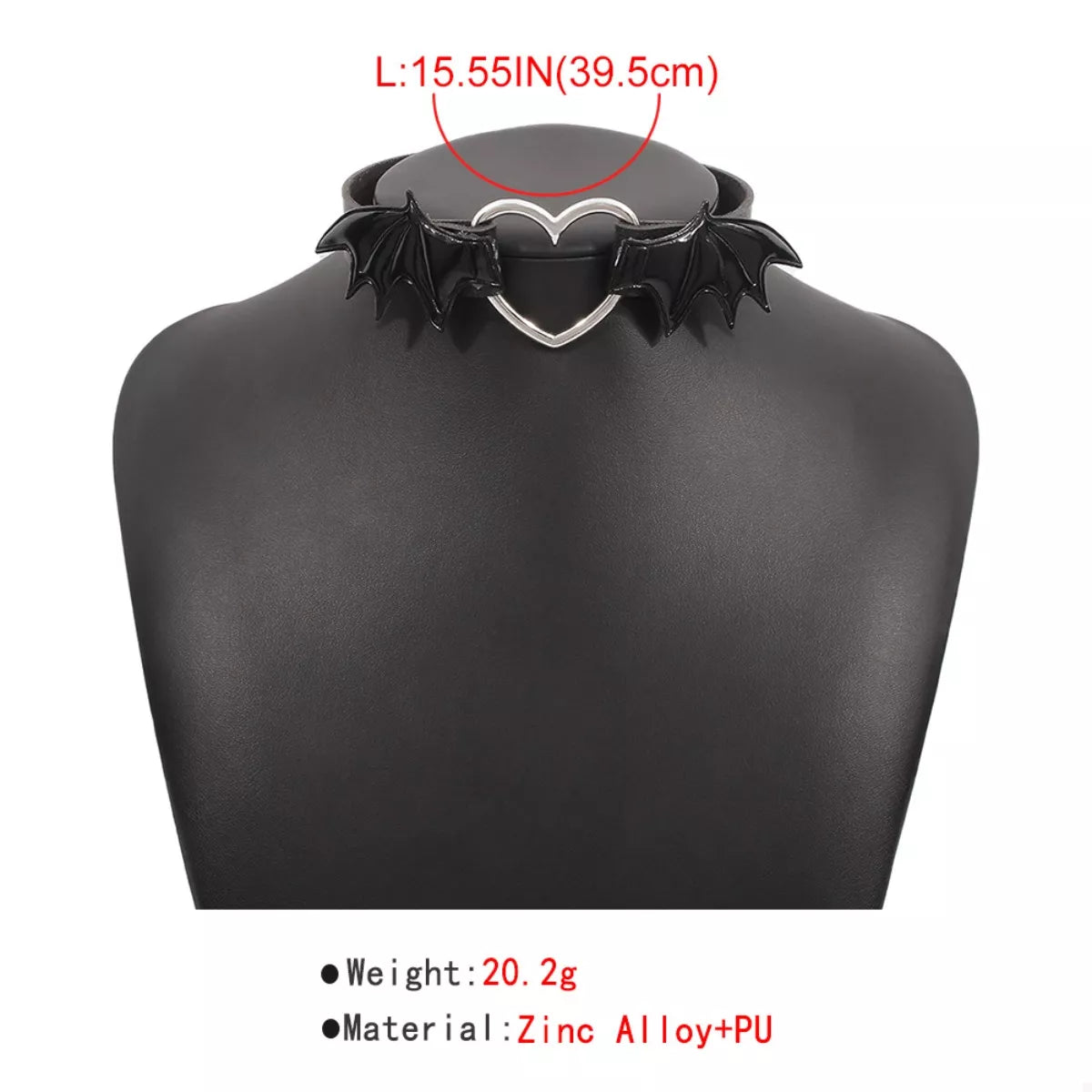 Gothic Bat Wing Heart Choker Necklace in Black, alternate view