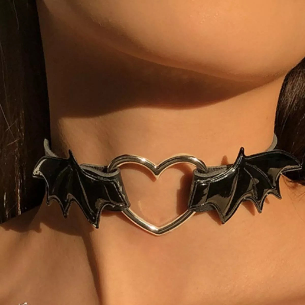 Gothic Bat Wing Heart Choker Necklace in Black, alternate view