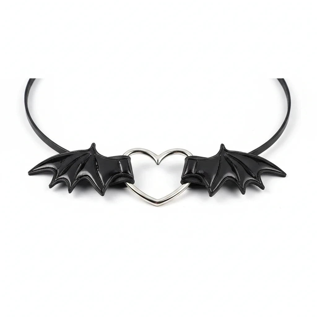 Gothic Bat Wing Heart Choker Necklace in Black, alternate view