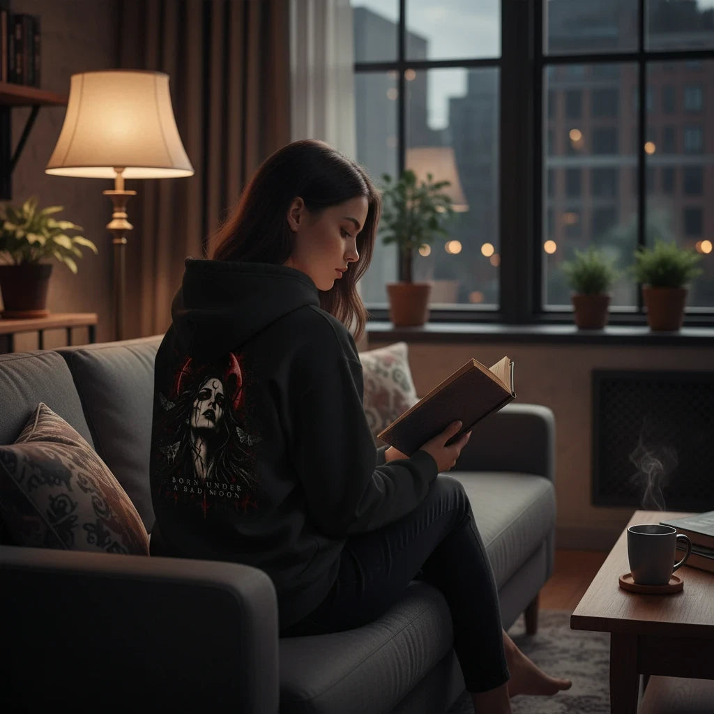 Wicked Thread Society black zip-up hoodie with Born Under A Bad Moon gothic graphic worn by woman reading on a sofa