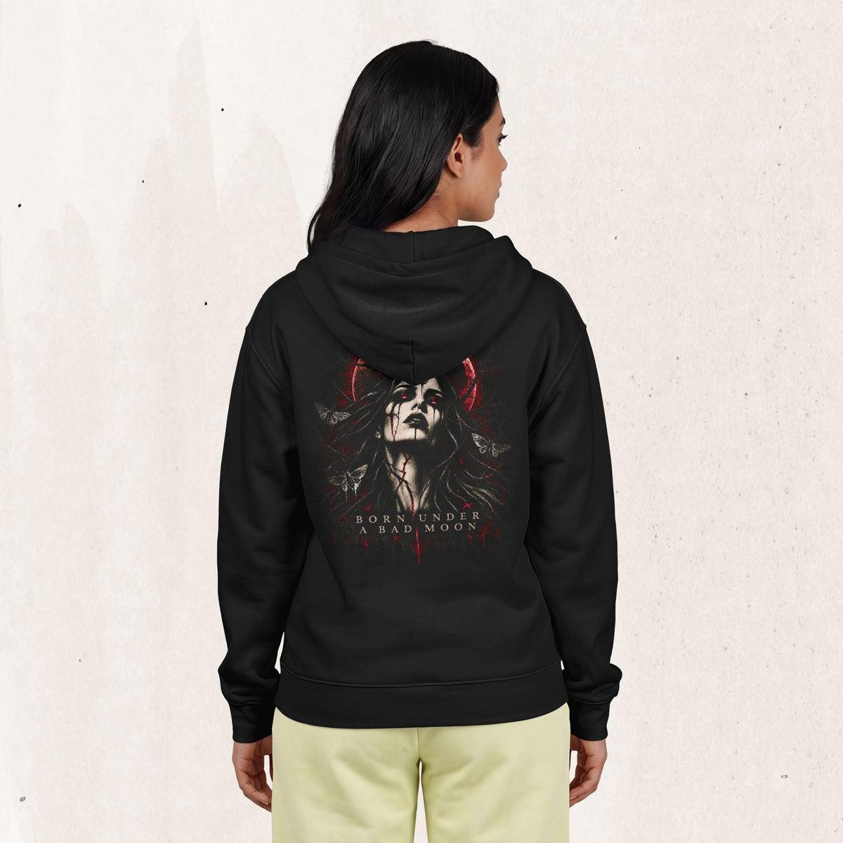 Wicked Thread Society black zip-up hoodie featuring a gothic woman and crimson moon graphic on the back