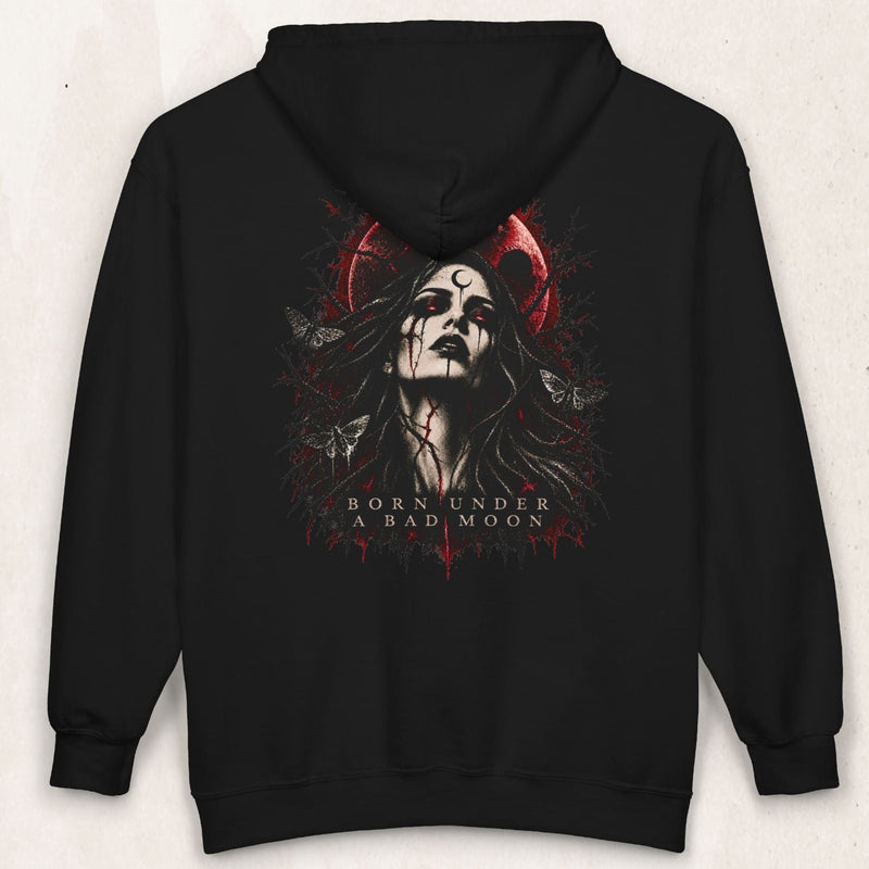 Wicked Thread Society black zip-up hoodie featuring a gothic Born Under A Bad Moon graphic with a crimson lunar print.