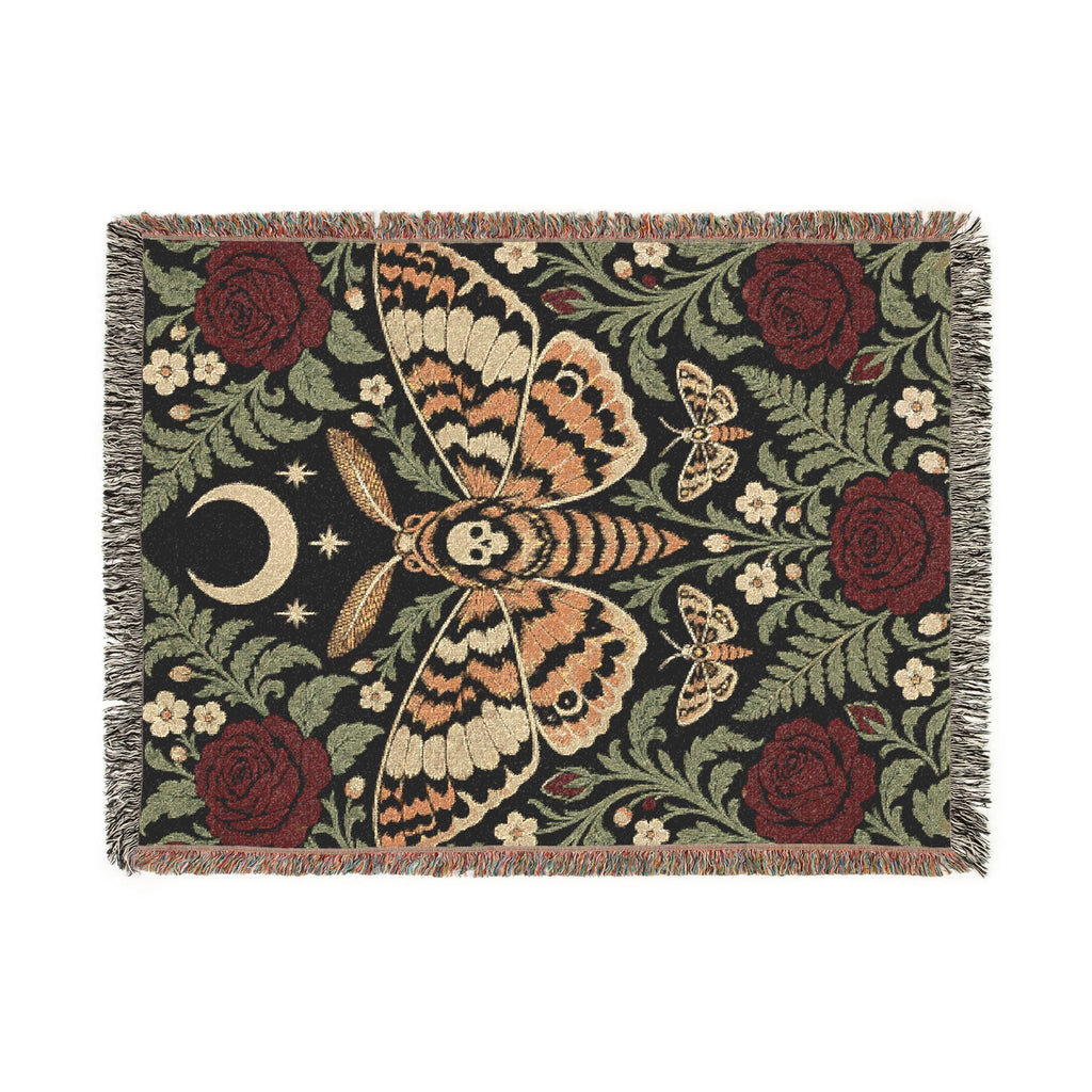 Wicked Thread Society woven cotton throw blanket featuring gothic moth, crescent moon, and rose floral tapestry design.