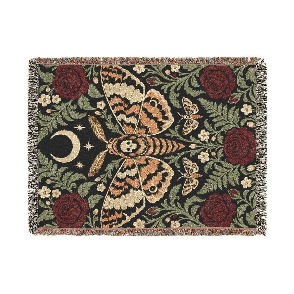 Wicked Thread Society woven cotton throw blanket featuring gothic moth, crescent moon, and rose floral tapestry design.