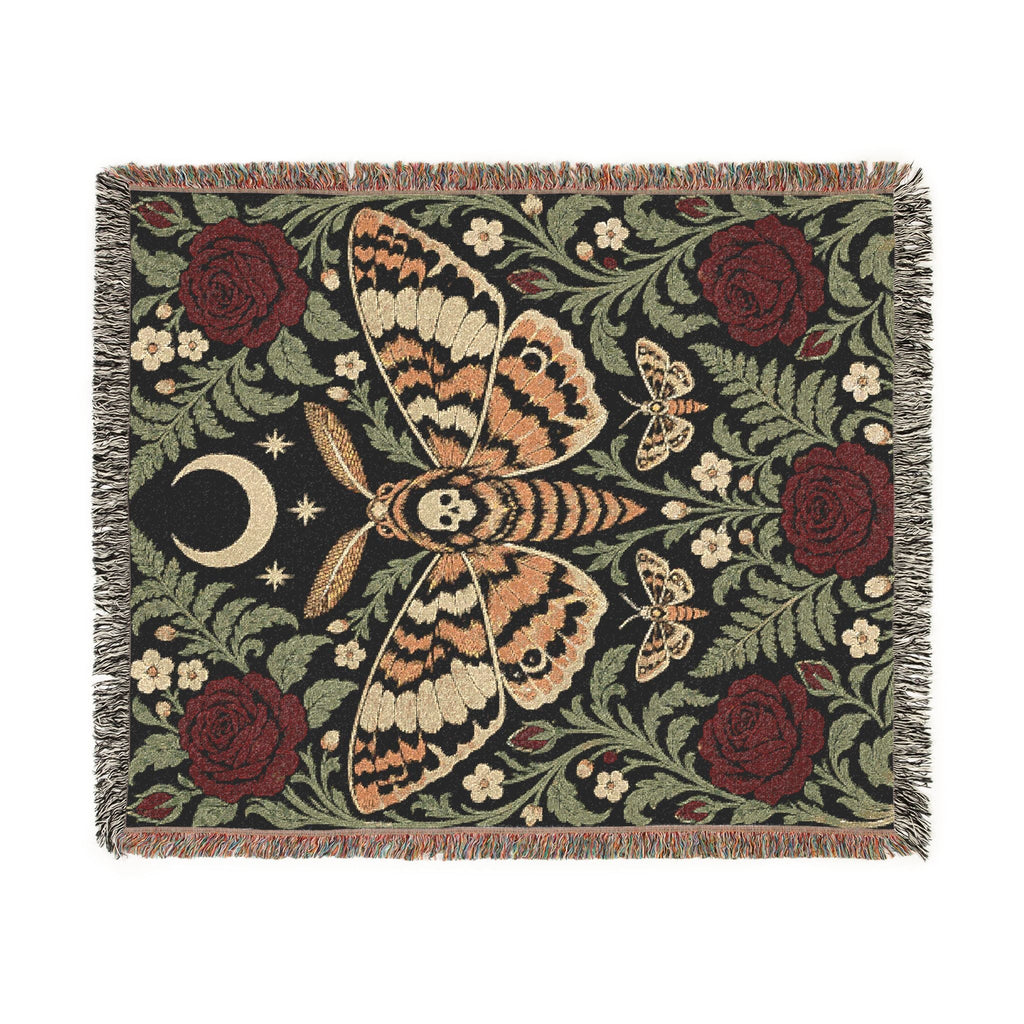 Wicked Thread Society gothic woven cotton blanket featuring a moth, crescent moon, and red roses with fringed edges.