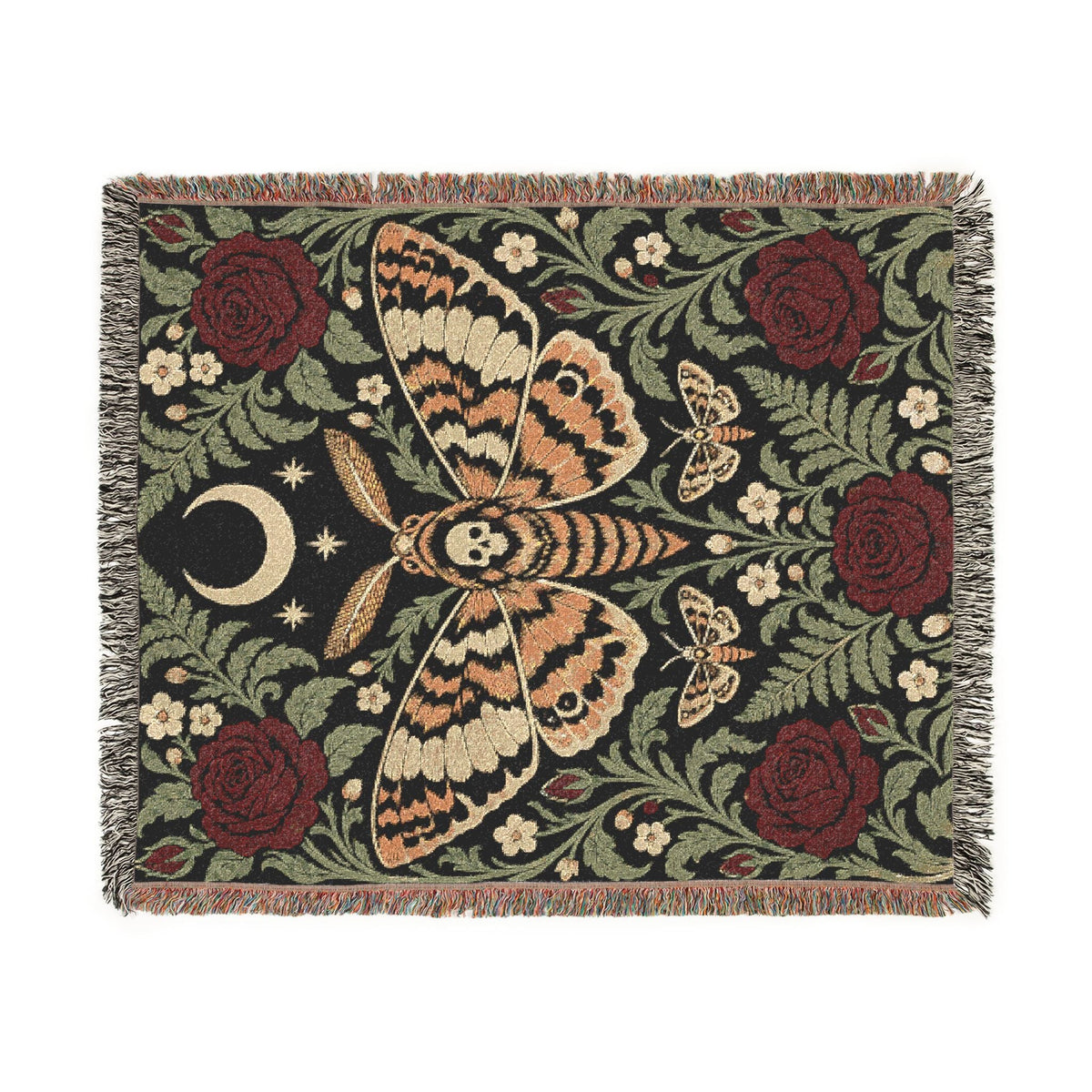 Wicked Thread Society gothic woven cotton blanket featuring a moth, crescent moon, and red roses with fringed edges.