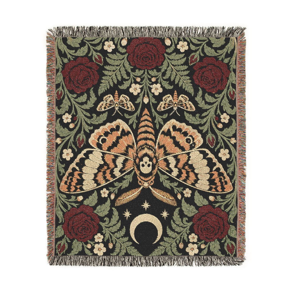 Wicked Thread Society woven cotton blanket featuring a gothic moth, crescent moon, and red rose floral tapestry design.