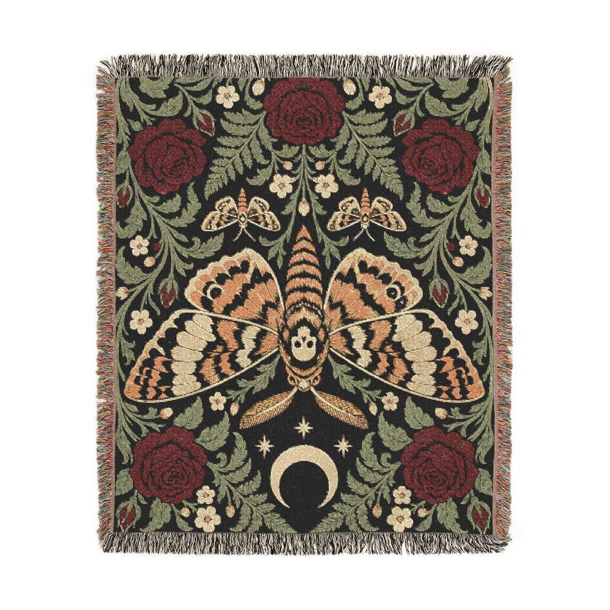 Wicked Thread Society woven cotton blanket featuring a gothic moth, crescent moon, and red rose floral tapestry design.