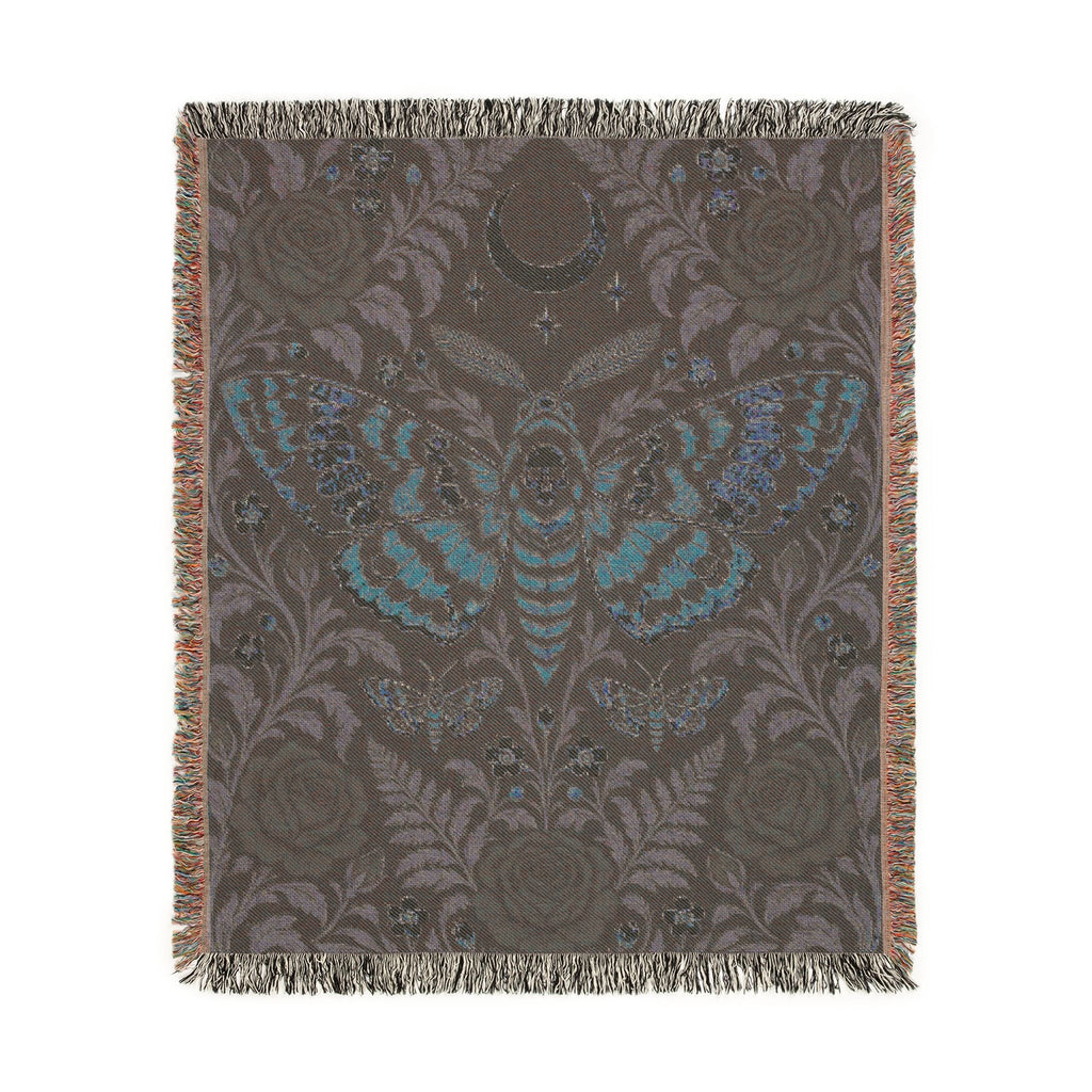 Wicked Thread Society woven cotton throw blanket featuring a gothic moth, crescent moon, and floral rose pattern.
