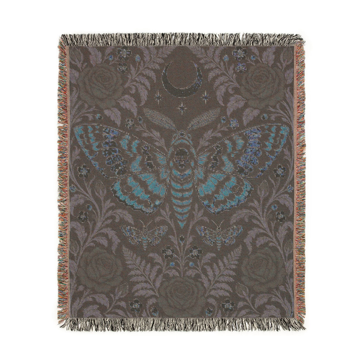 Wicked Thread Society woven cotton throw blanket featuring a gothic moth, crescent moon, and floral rose pattern.