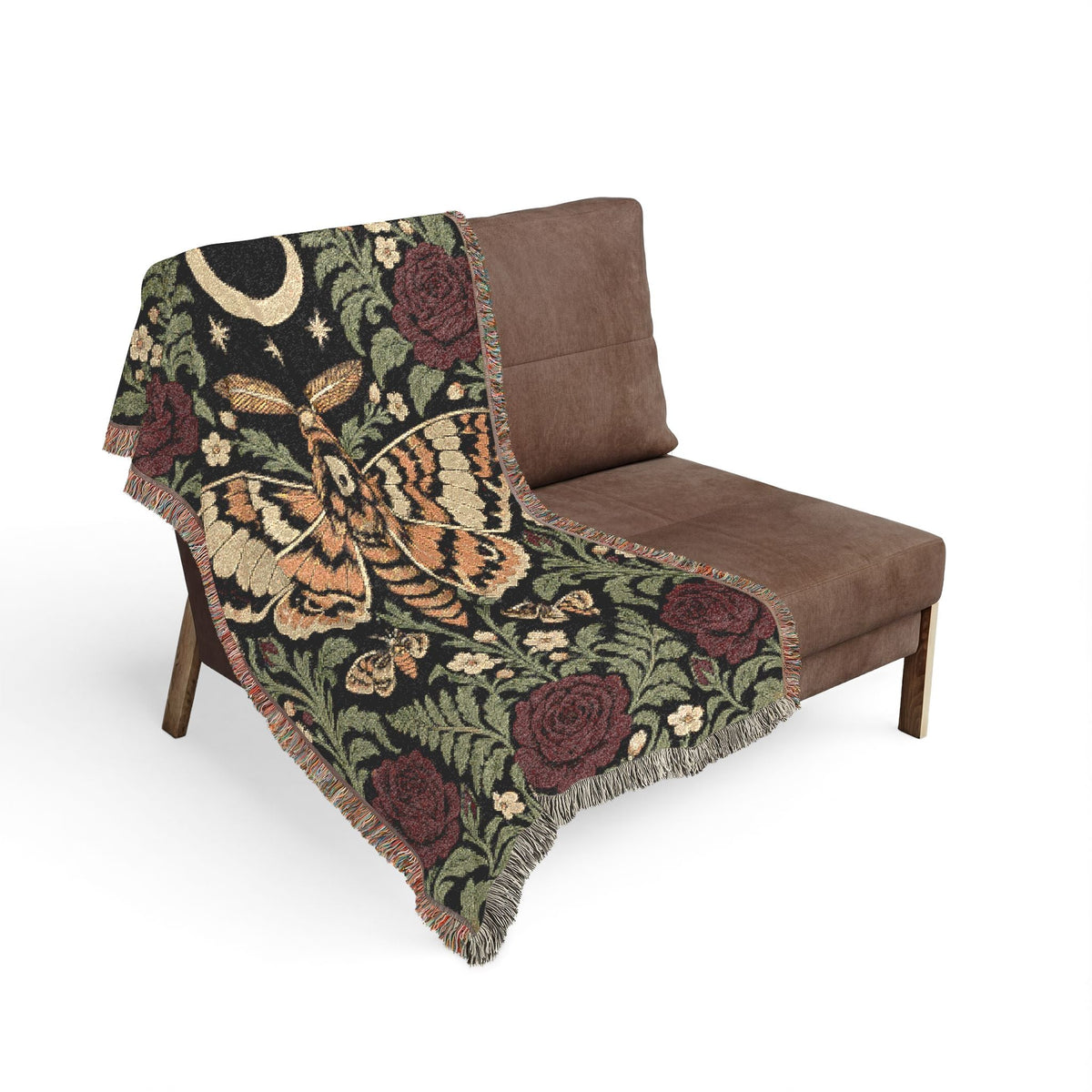 Wicked Thread Society woven cotton blanket featuring a gothic moth, crescent moon, and rose floral pattern with fringe.